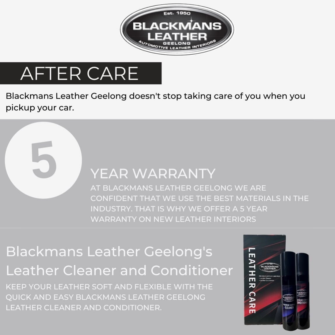 Blackmans Leather Geelong are the only trimming business to offer a 5 year warranty on our leather products. We also have our own range of aftercare to ensure your leather stays in pristine condition in years to come #leather #leathercare #trimmer #m