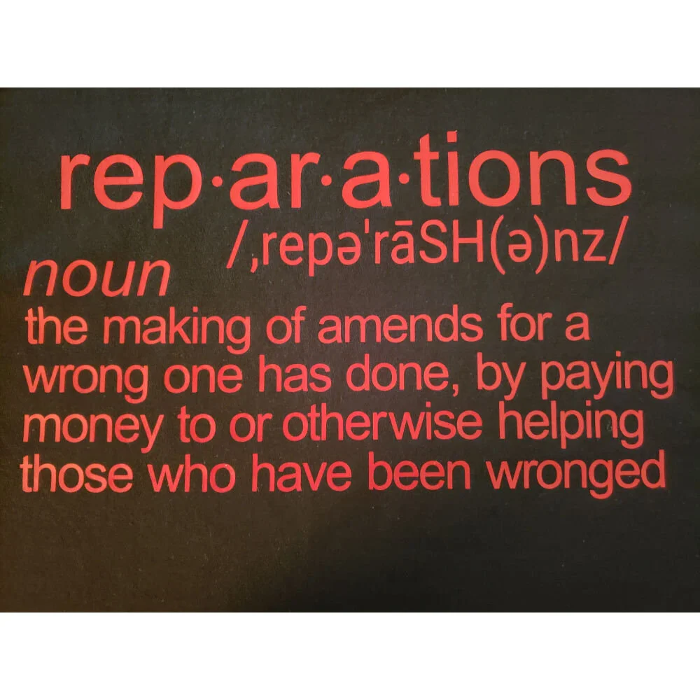 back of Time for Reparations black t-shirt