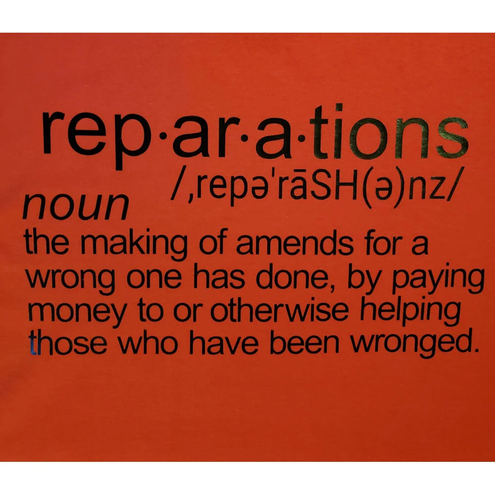 back of Time for Reparations red t-shirt