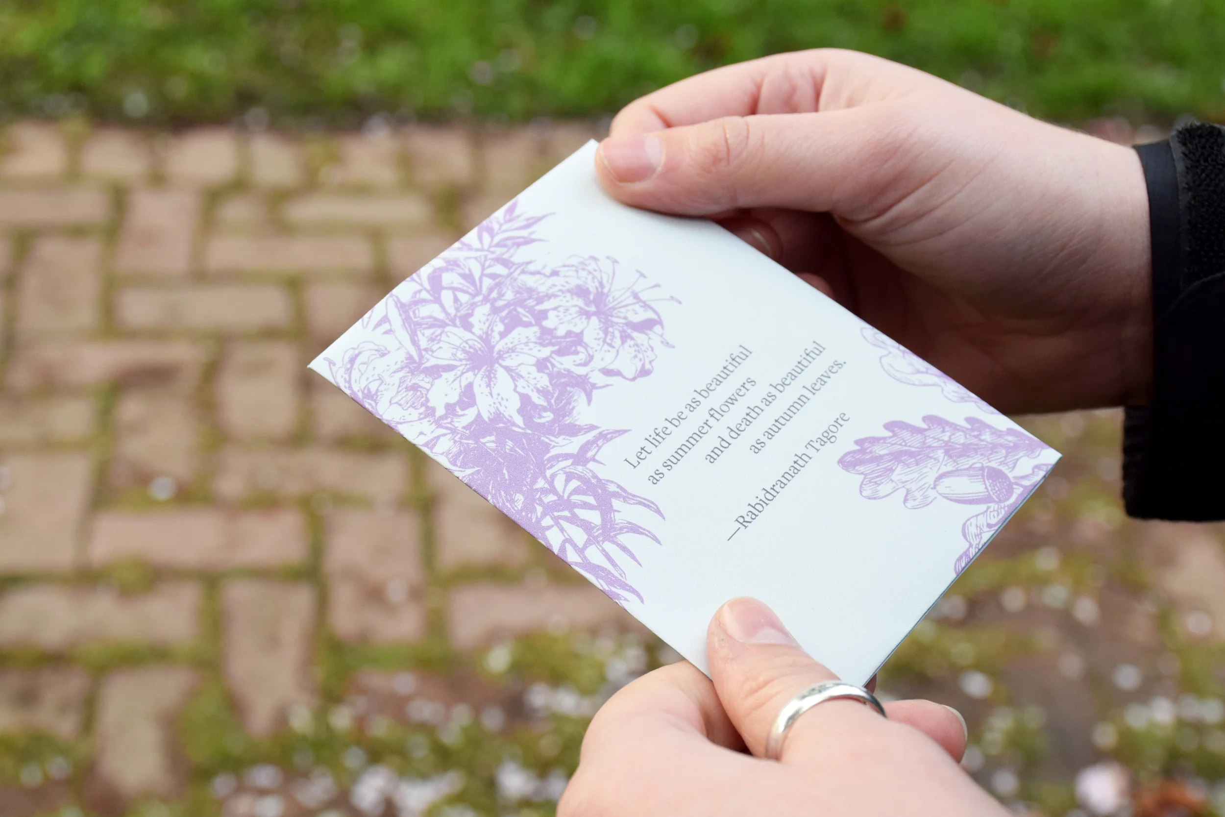 Seed packets encourage visitors to plant a living memory of their visit to the Homecoming exhibition and feature a positive quote about death from the Indian scholar Rabidranath Tagore. Please click to enlarge.