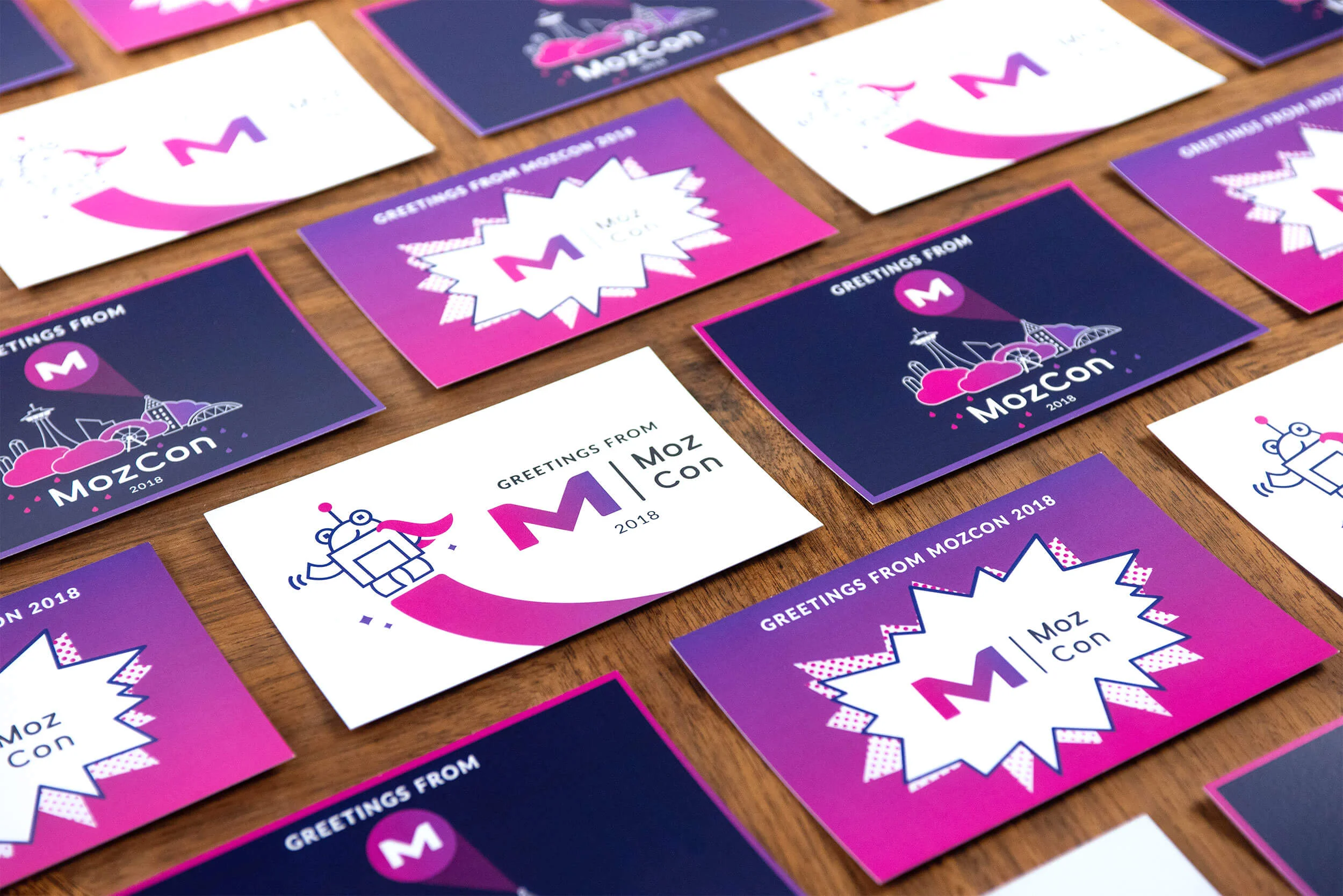 “Greetings from MozCon 2018” postcards. Click to enlarge.