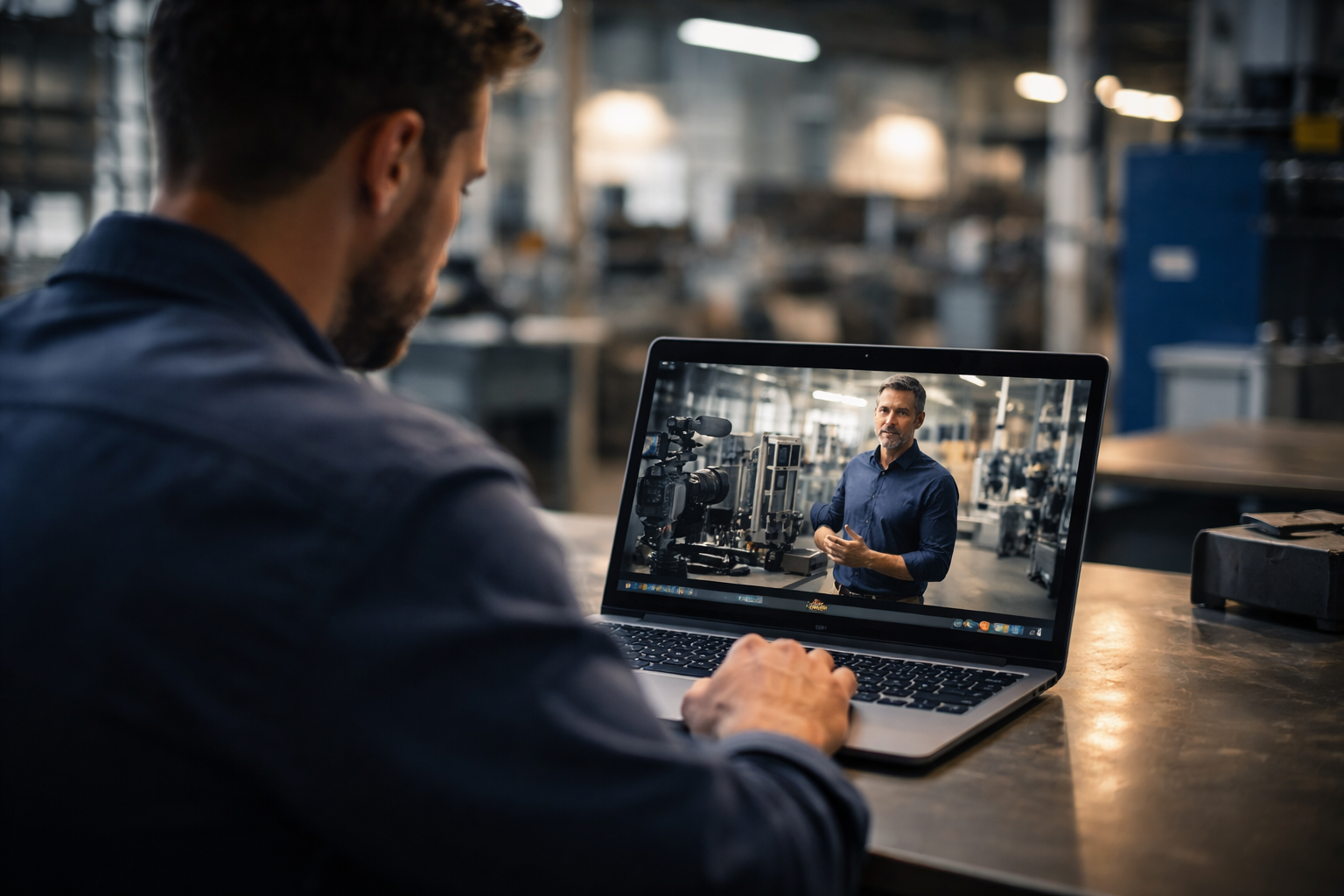 Employee watching a professional training video on a laptop inside a warehouse environment.