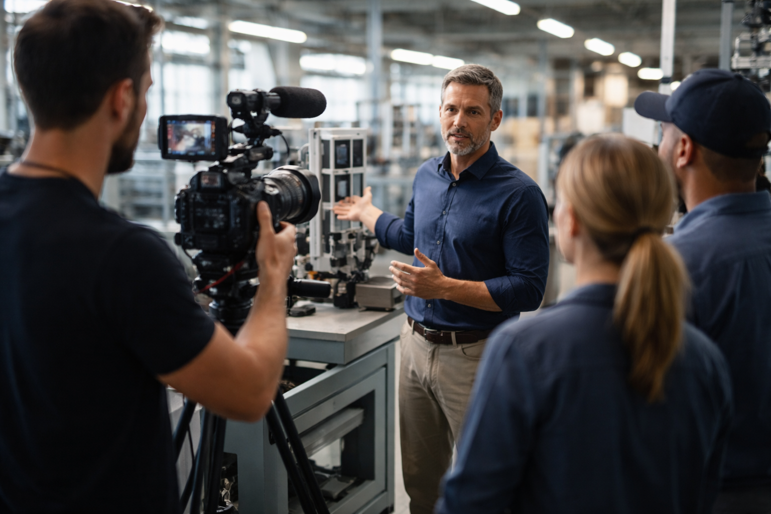 Professional videographer filming a corporate training session inside a modern Michigan workplace with employees gathered around.