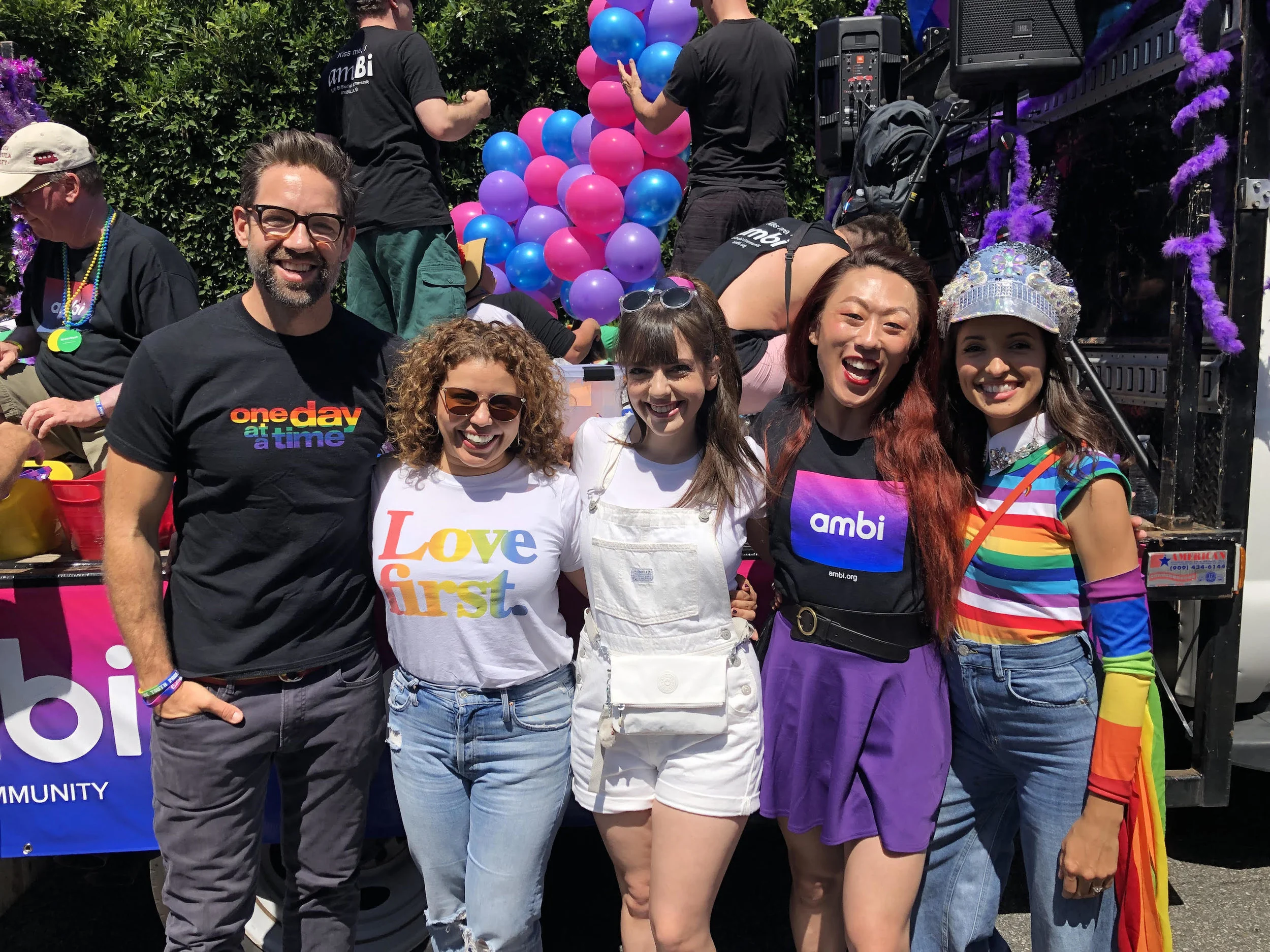 The cast of ODAAT joins amBi. From left: Todd Grinnell, Justina Machado, Sheridan Pierce, Nicky, Endres, and India de Beaufort