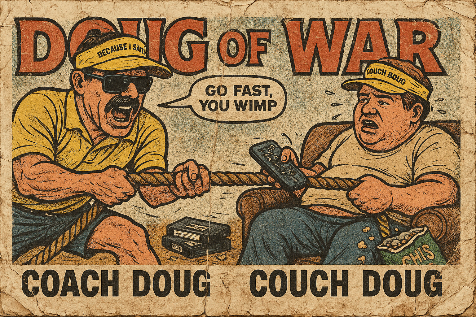 A vintage cartoon-style illustration from the song "Dio G of War" featuring two men in a tug-of-war. The man on the left, labeled "Coach Doug," is shouting "Go fast, you wimp," wearing a yellow cap that says "Because I Said" and sunglasses. The man o