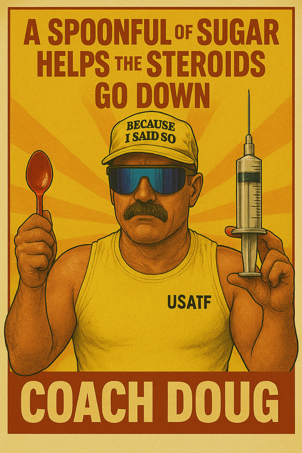 A cartoon-style poster featuring a man with a mustache, wearing sunglasses, a yellow tank top with 'USATF' on it, and a yellow cap that reads 'BECAUSE I SAID SO,' holding a spoon in one hand and a large syringe in the other. The background is yellow 