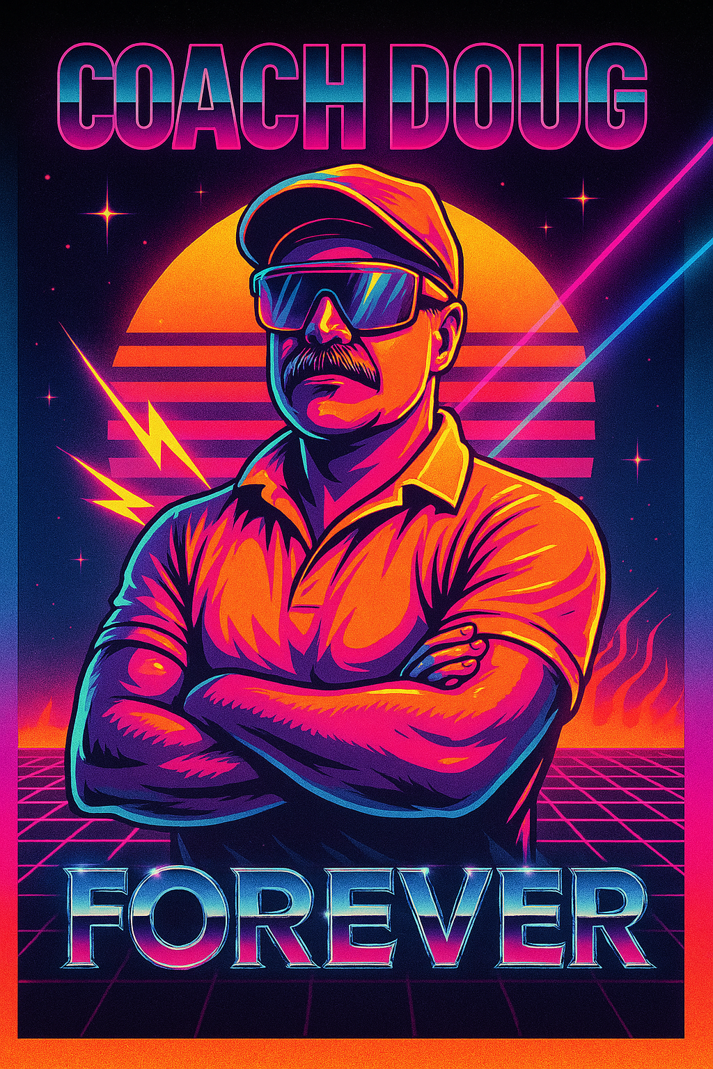 A neon-colored digital illustration of a man with a mustache, wearing sunglasses, a cap, and a short-sleeved shirt, with arms crossed. The background features a sunset, stars, lightning bolts, and a grid pattern typical of 1980s retro-futuristic art.