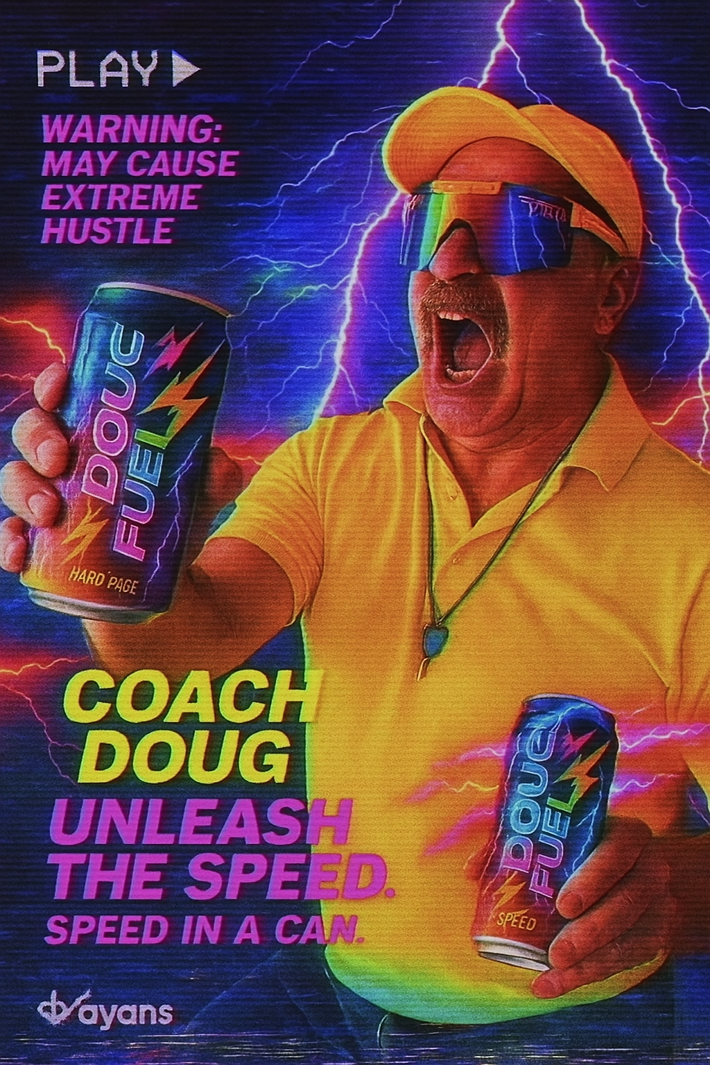A man wearing a yellow shirt, yellow cap, and sunglasses shouting and holding a can of Dynamo fuel energy drink. The background features lightning and vibrant colors, and the image has neon-style text promoting the energy drink's fast energy boost.