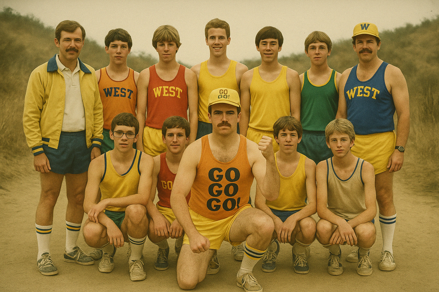 A group of young male athletes and two adult coaches in track uniforms and sports caps, posing outdoors on a dusty track with hills in the background, celebrating a team event.