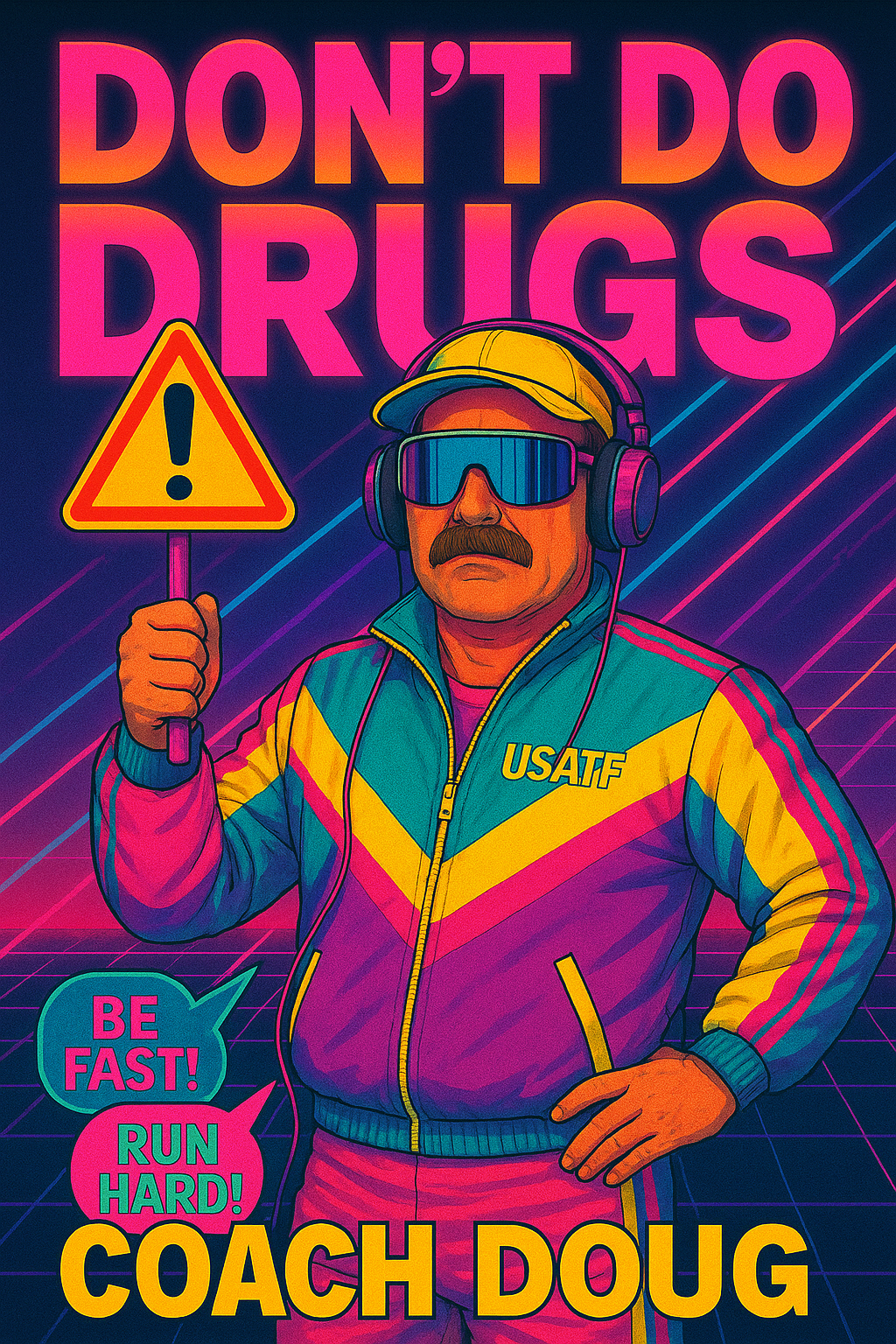 Retro-style digital artwork of a man in a colorful jacket with 'USATF' logo, wearing sunglasses and headphones, holding a warning sign with an exclamation point. The background features neon grid lines, with text stating 'DON'T DO DRUGS' at the top a