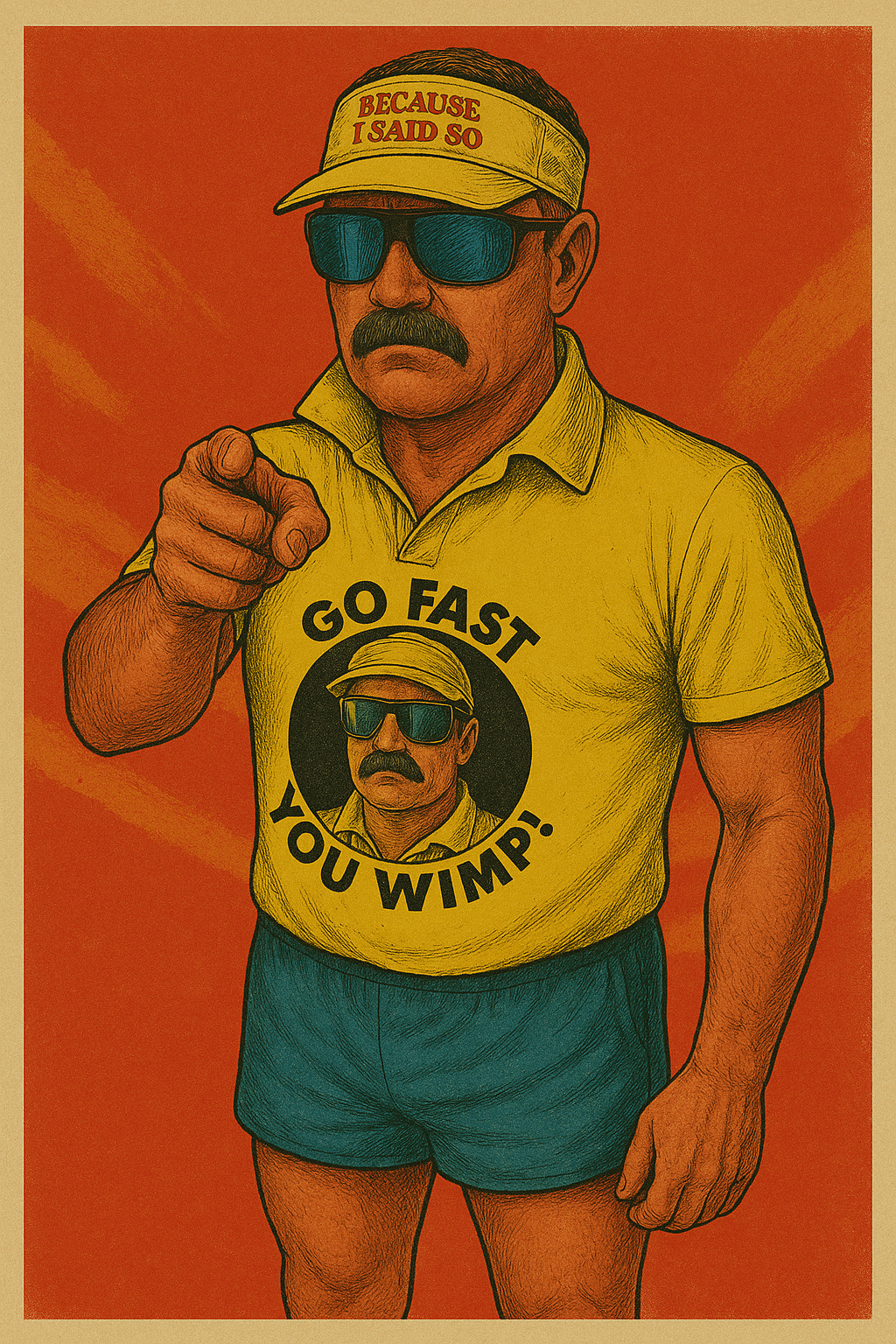 A man dressed in a yellow visor, yellow t-shirt and blue shorts, pointing toward the camera. The t-shirt has an image of the same man with sunglasses and a hat, with the words "GO FAST YOU WIMP!" around it.