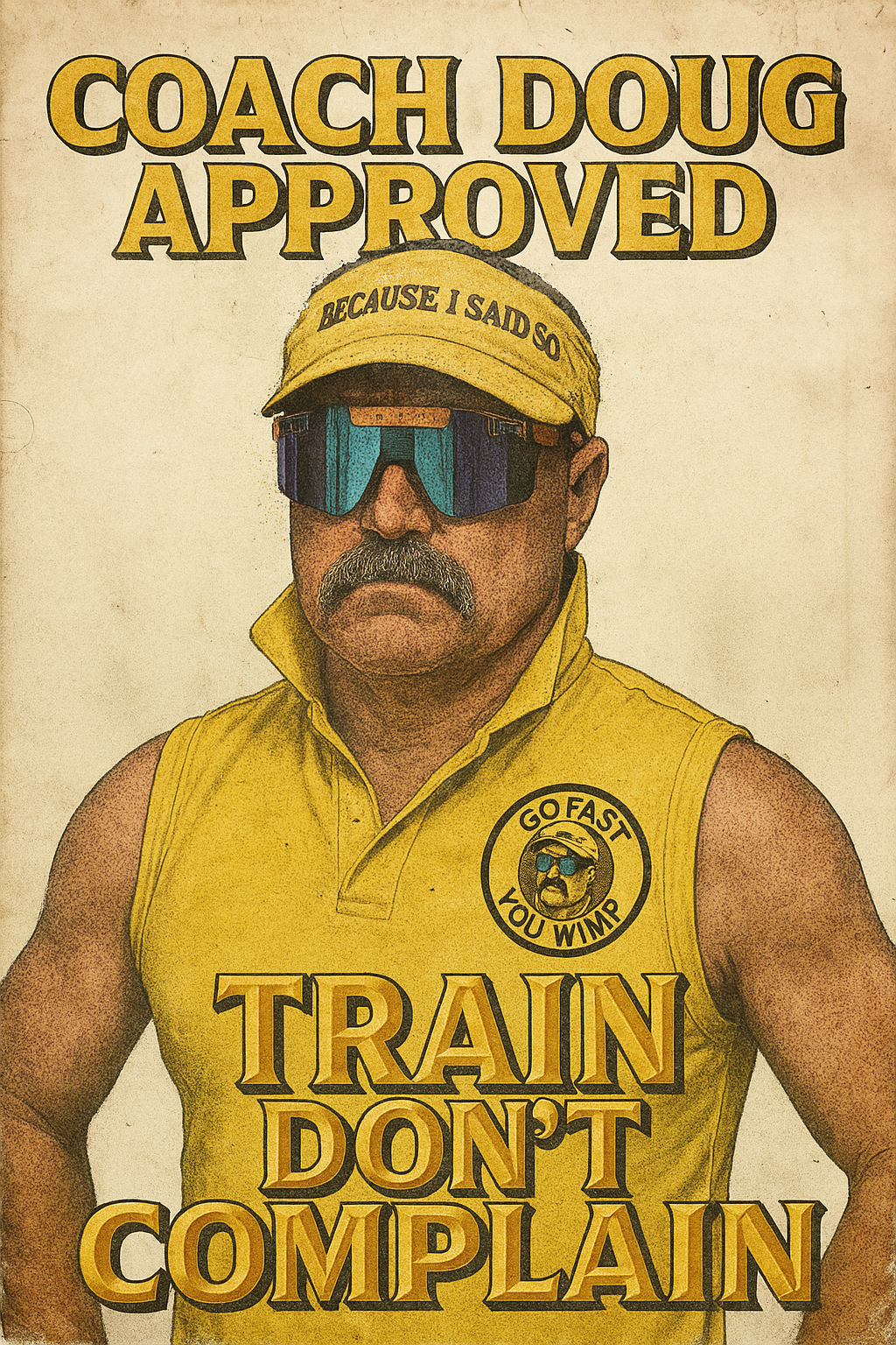 A man dressed as a train conductor wearing sunglasses, a yellow cap with the text "Because I Said So," and a yellow polo shirt with a badge that says "Go Fast You Wimp." The image features bold text reading "Coach Doug Approved" at the top and "Train