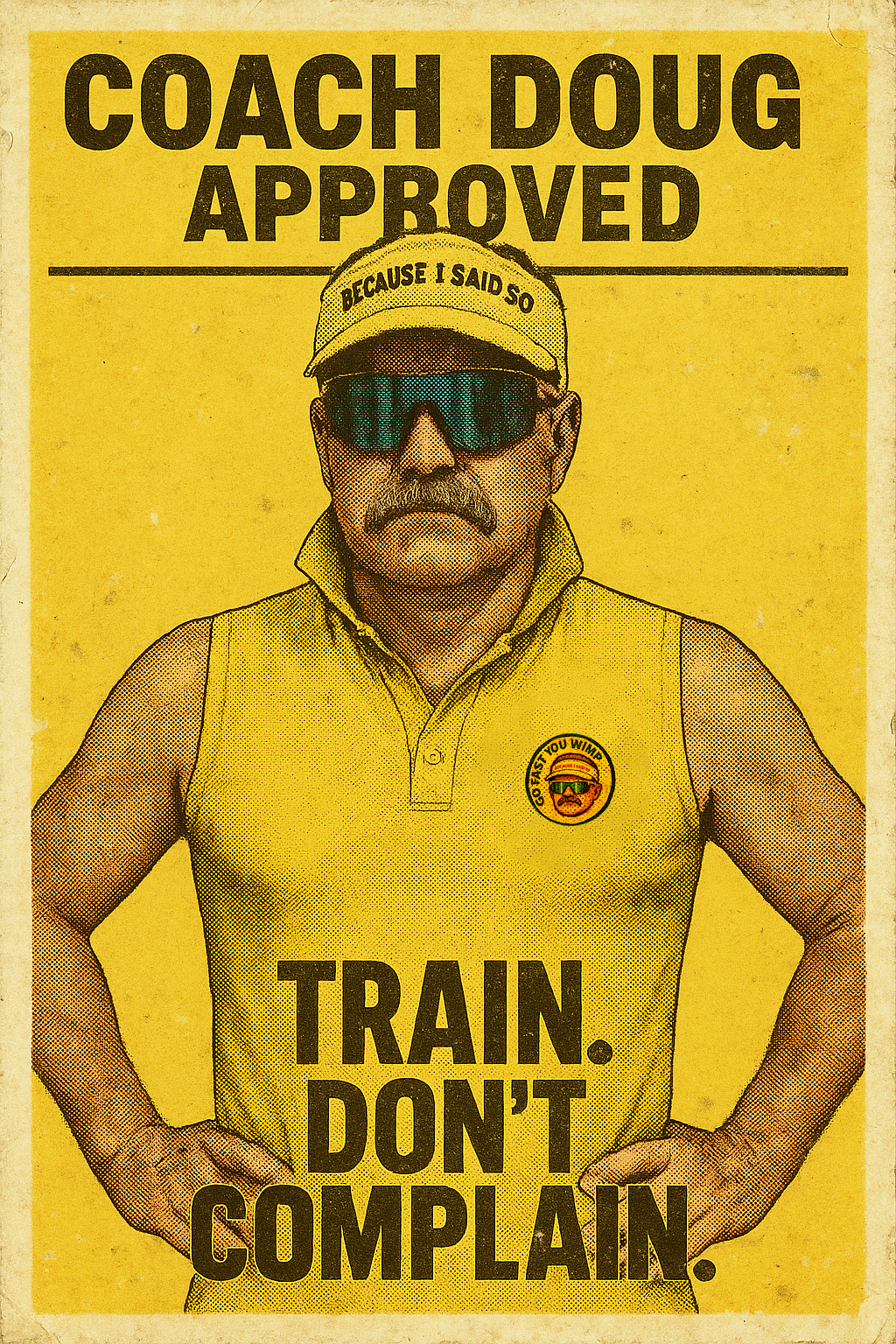 Poster of a man in a yellow vest and cap with the phrase "Coach Doug Approved" and a badge that reads "Go Fast or Go Home." The man has a mustache, sunglasses, and his hands on his hips, with the caption "Train. Don't Complain." in bold black text.