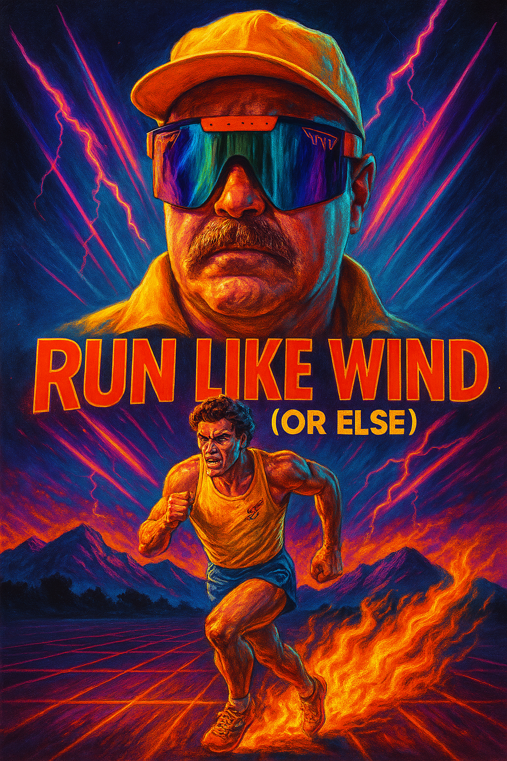 A colorful illustrated poster featuring a stern man wearing reflective sunglasses and a cap at the top, with a woman running intensely below. The background is filled with lightning, mountains, and fiery flames. The text says 'RUN LIKE WIND (OR ELSE)