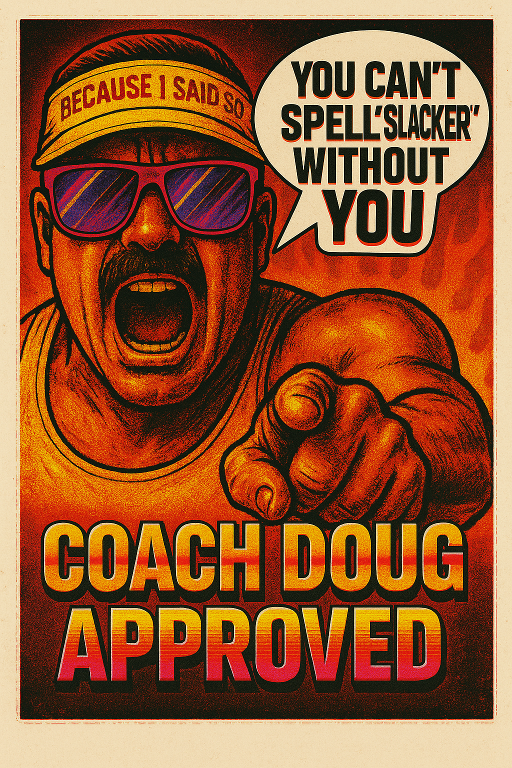 A vintage-style poster featuring a man with a mustache, sunglasses, and a cap that says 'BECAUSE I SAID SO.' He is shouting and pointing forward. The poster reads, 'YOU CAN'T SPELL 'SLACKER' WITHOUT YOU.' At the bottom, large bold text says, 'COACH D