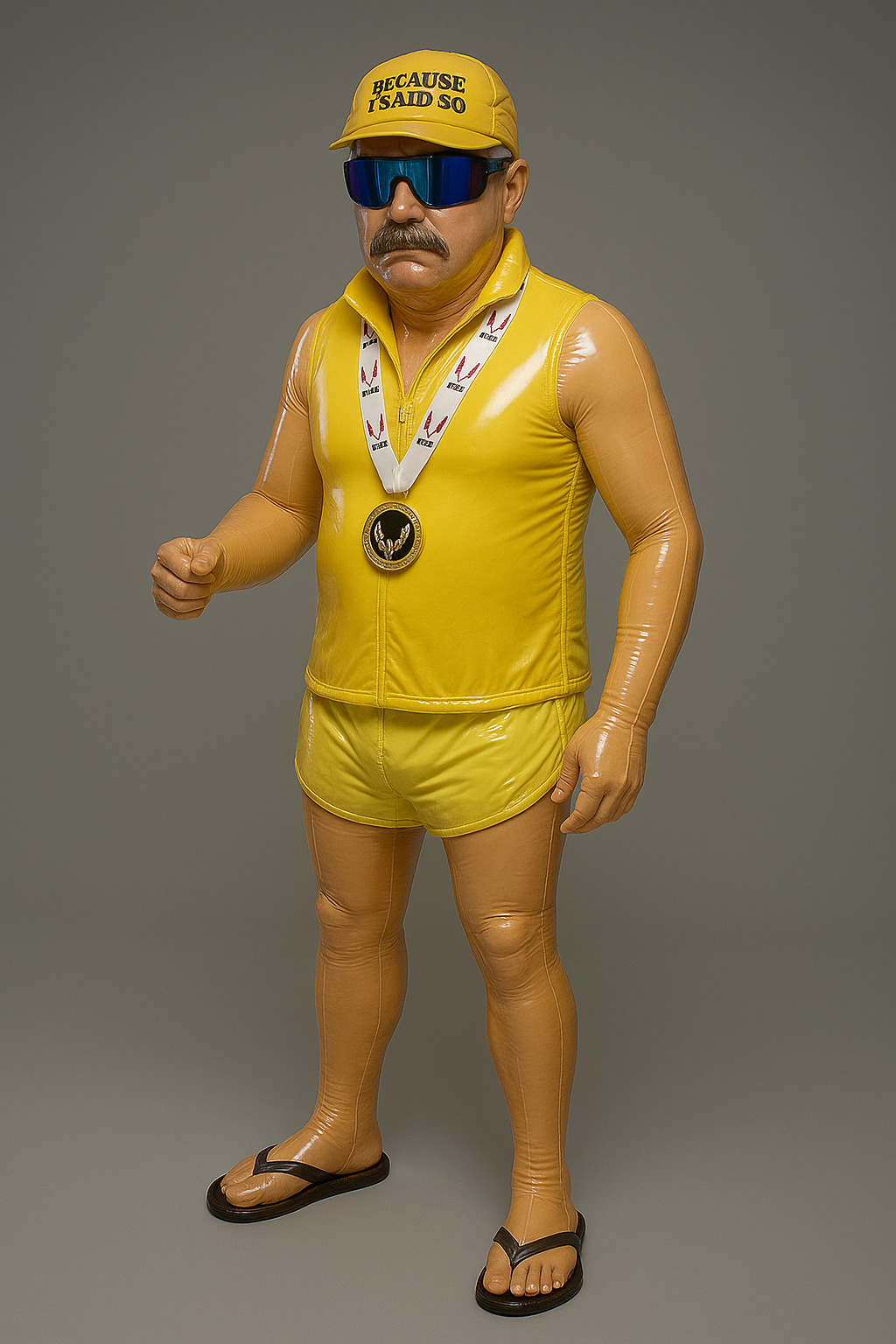 A person dressed in a yellow running outfit with a yellow cap, sunglasses, and a medal around their neck, standing on a neutral background.