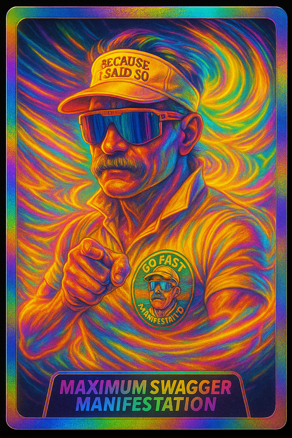 Colorful illustration of a man with a mustache wearing sunglasses, a cap that says 'Because I Said So,' and a jacket with a badge that reads 'Go Fast Manifesto.' The background features swirling rainbow-colored patterns, with the text 'Maximum Swagge
