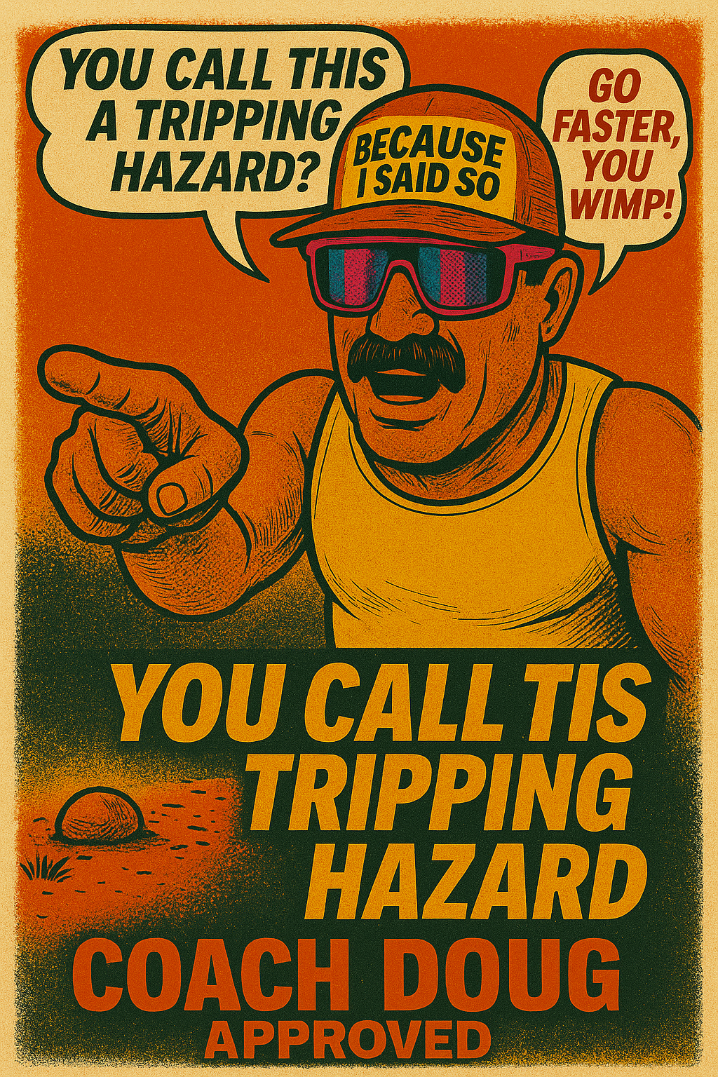 A humorous, cartoon-style poster featuring a man with a mustache, sunglasses, and a yellow cap that says "Because I Said So." He is pointing directly at the viewer, with a speech bubble asking, "You call this a tripping hazard?" Another speech bubble
