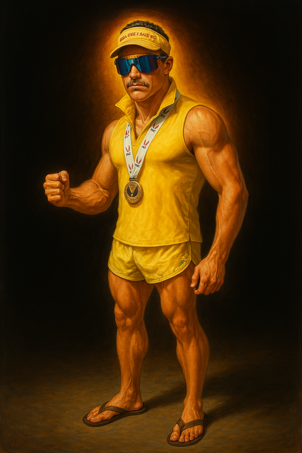 A man in yellow sportswear wearing sunglasses and a cap with the phrase 'NO USE I SAID NO' holds a clenched fist, has a medal around his neck, and is wearing flip-flops, standing against a dark background.