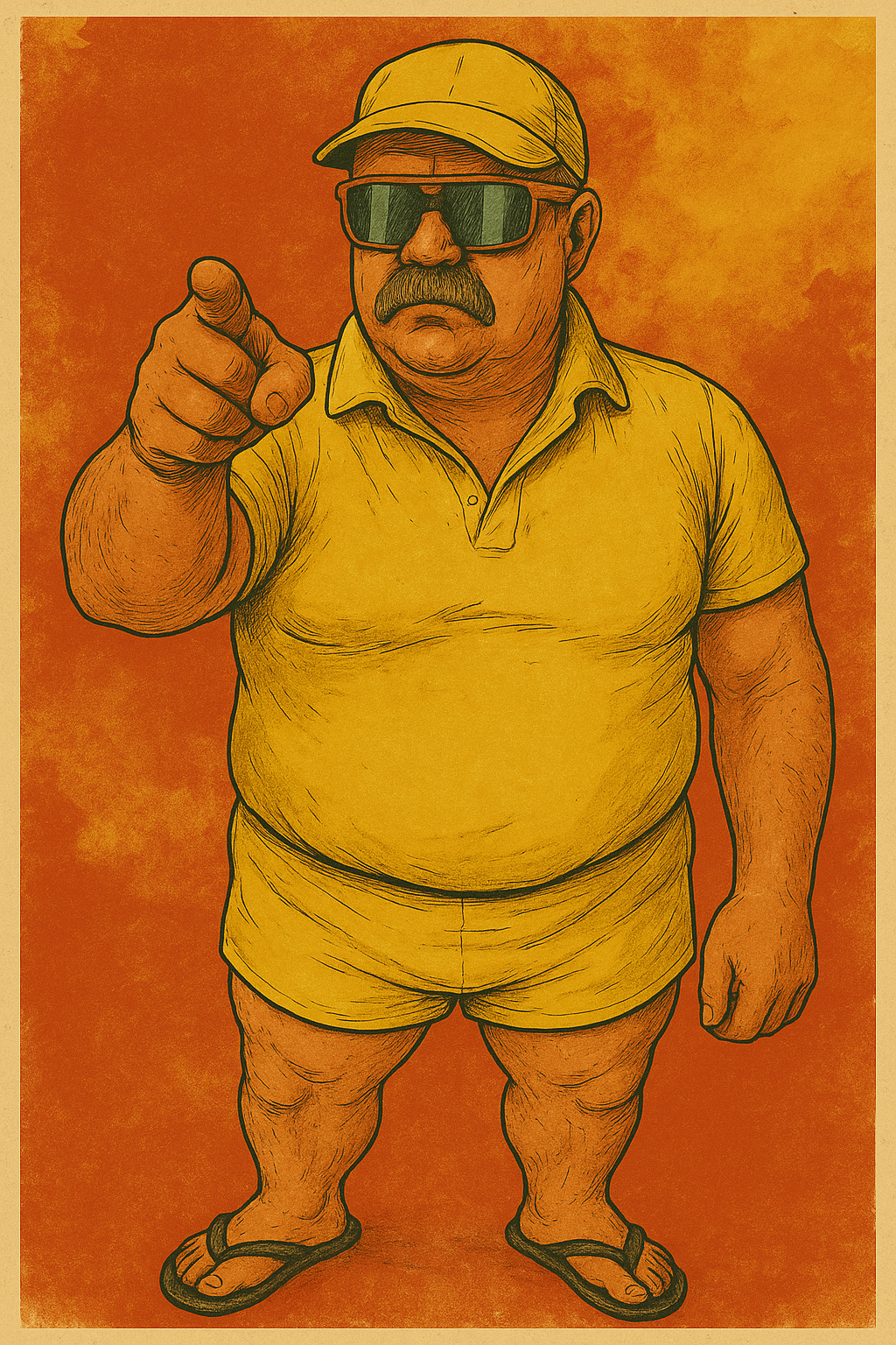 A cartoon man with a mustache, wearing a yellow cap, sunglasses, a yellow polo shirt, yellow shorts, and flip-flops, pointing forward with serious expression, against an orange background.
