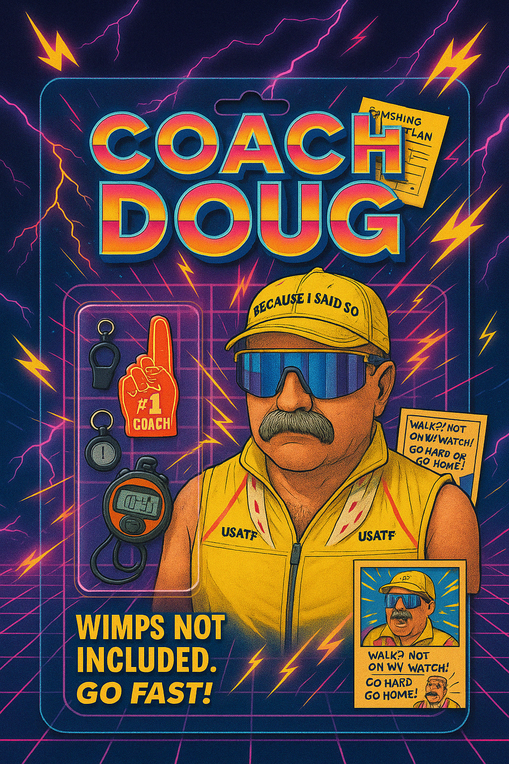 Illustration of a caricatured coach with a mustache, sunglasses, yellow cap and vest with 'USATF' text. The background features lightning bolts and a neon grid. The package includes a stopwatch, a foam finger, and tags with phrases like '#1 Coach' an