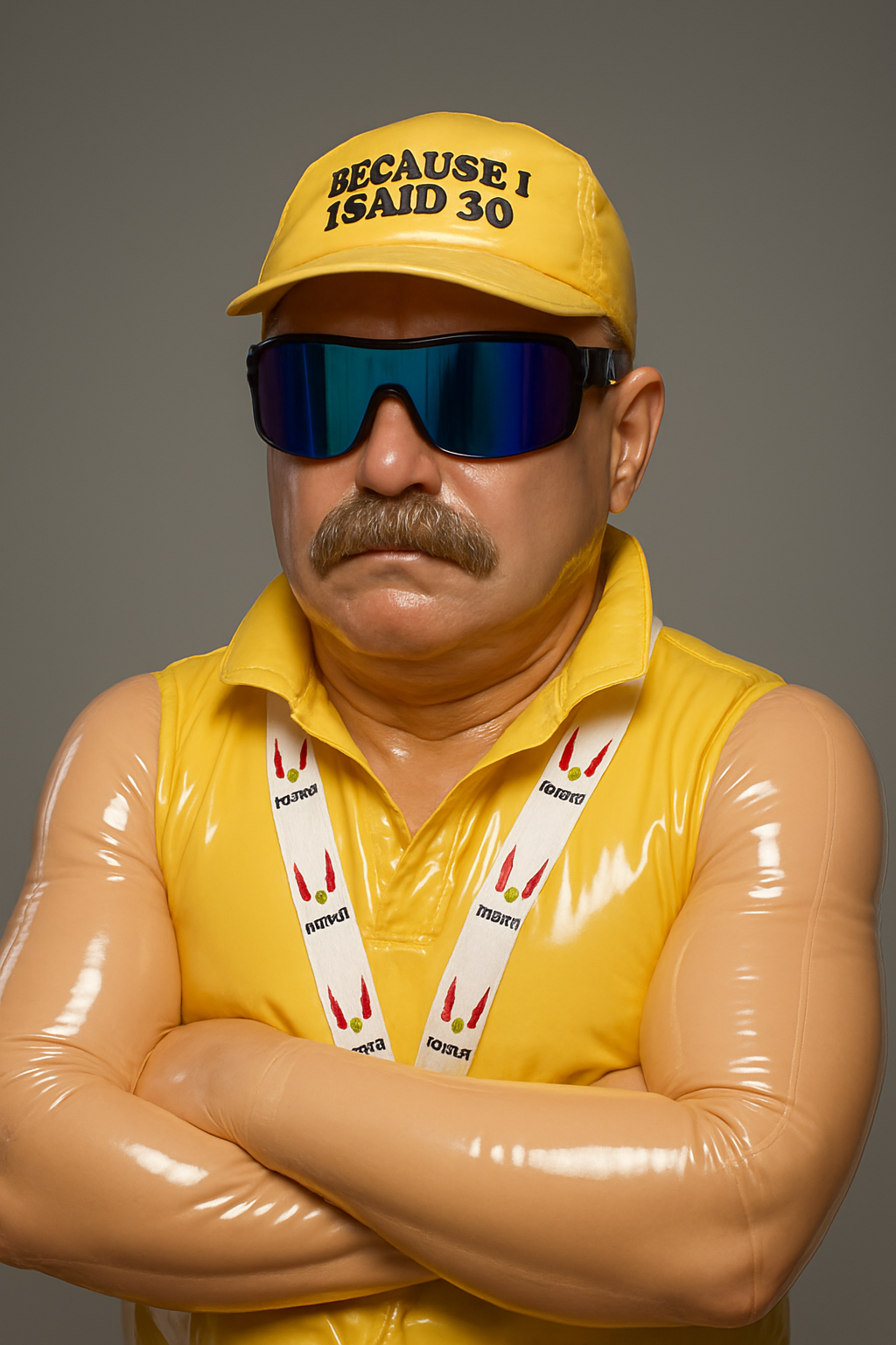 Coach Doug dressed with a yellow cap that reads, 'Because I said so,' black visor sunglasses, a shiny yellow cycling vest, and a gold medal around his neck.