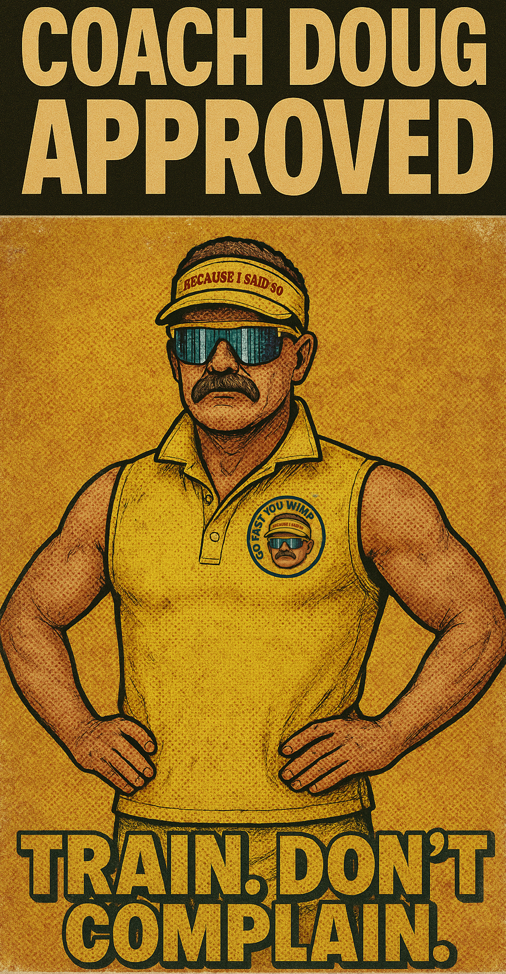 A cartoon-style illustration of a muscular man in a yellow sleeveless polo shirt, with sunglasses and a cap that says 'Because I Said So'. The shirt and cap have a logo that reads 'Go Fast You Wimp' with a cartoon image of the same man. The backgroun