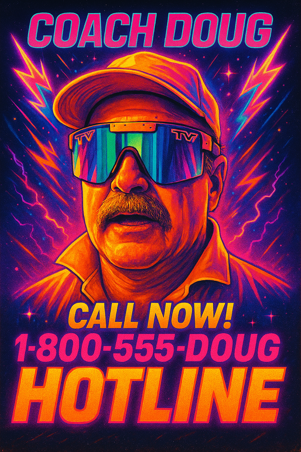 A neon-colored, retro-style illustration of a man with a mustache wearing a cap and reflective sunglasses, with bold text promoting a hotline service for Coach Doug, including phone number 1-800-555-DOUG.