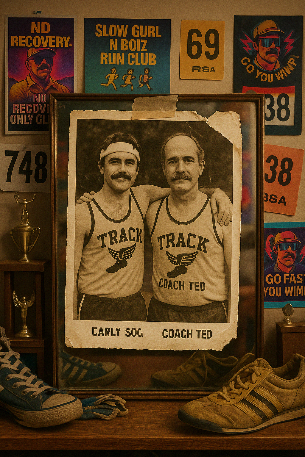 Black and white vintage photo of two men in track uniforms labeled "TRACK COACH TED" and "CARLY SOG". The man on the left has a mustache and is wearing a headband, while the man on the right is bald with a mustache. They are standing close, with arms