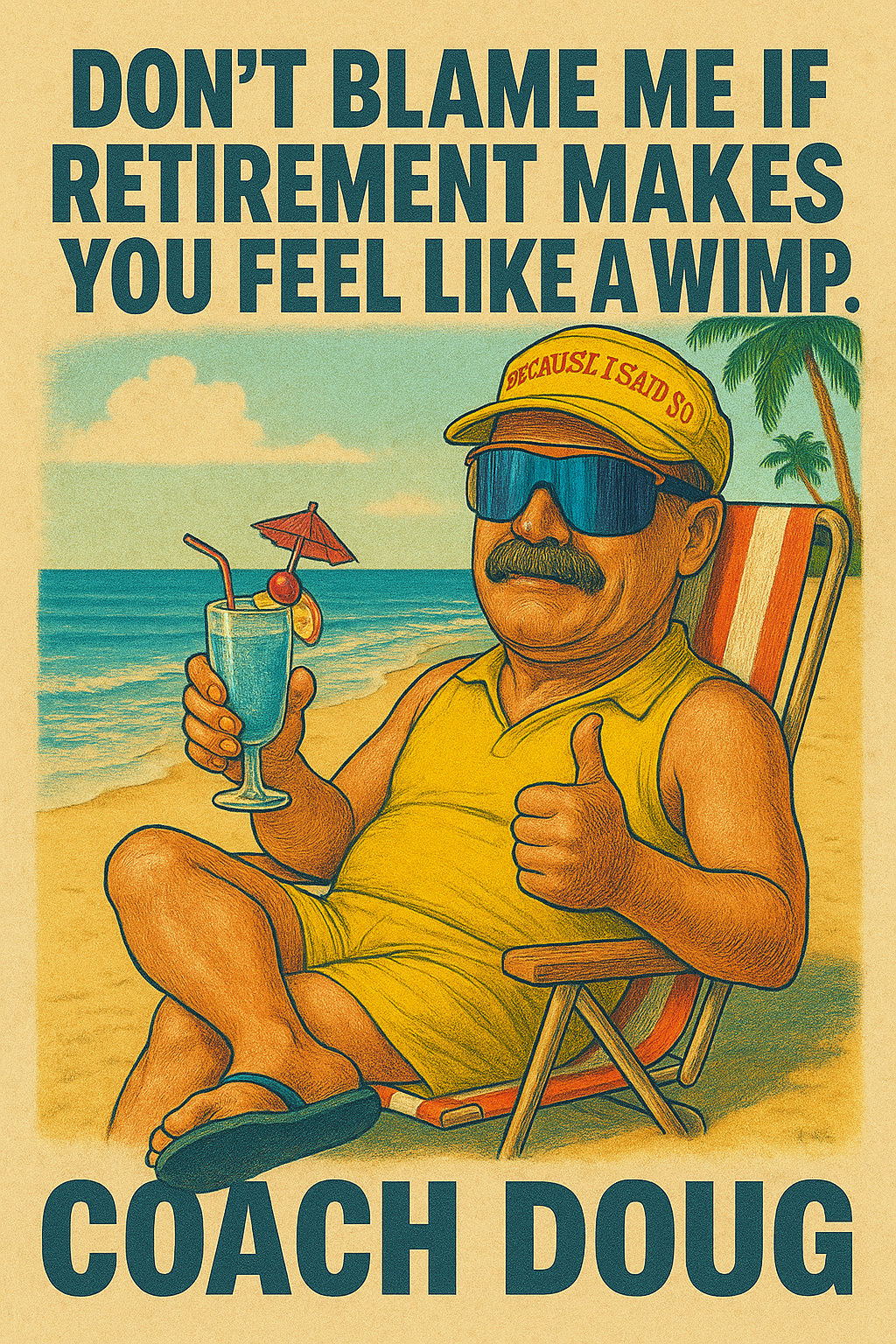 A cartoon man sitting on a beach chair wearing a yellow tank top, yellow shorts, sunglasses, and a yellow cap that reads 'Decausl I Said So.' He is holding a blue tropical cocktail with a cherry and umbrella and giving a thumbs up. The background inc