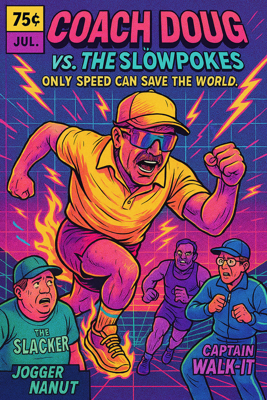 Comic book-style illustration of a man in yellow running shoes and a yellow cap, surrounded by lightning bolts and flames, with three other runners. The text on the cover reads 'Coach Doug vs. The Slowpokes: Only Speed Can Save the World.' It feature