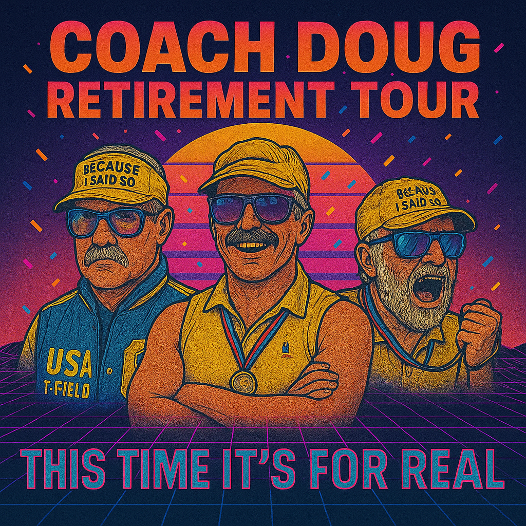 Illustration of three men dressed as coaches, standing under a stylized sunset with a pink and purple grid ground. The text reads 'Coach Doug Retirement Tour' and 'This Time It's For Real', with the men wearing hats and sunglasses, one with a medal, 