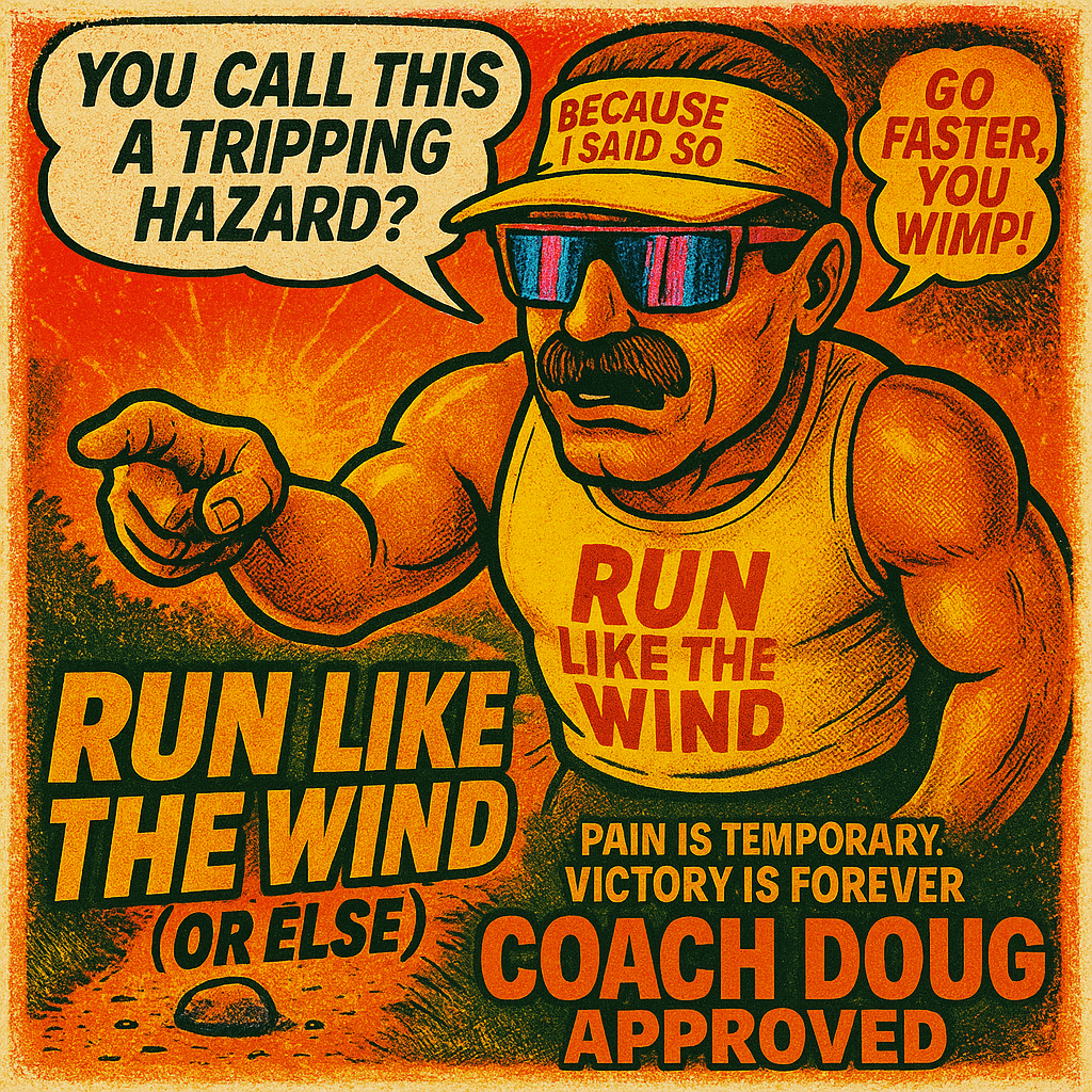 Vintage-style motivational poster featuring a muscular man with a mustache, sunglasses, and a yellow tank top that says "Run Like the Wind." He is pointing forward, with speech bubbles that say "You call this a tripping hazard?" "Because I said so," 