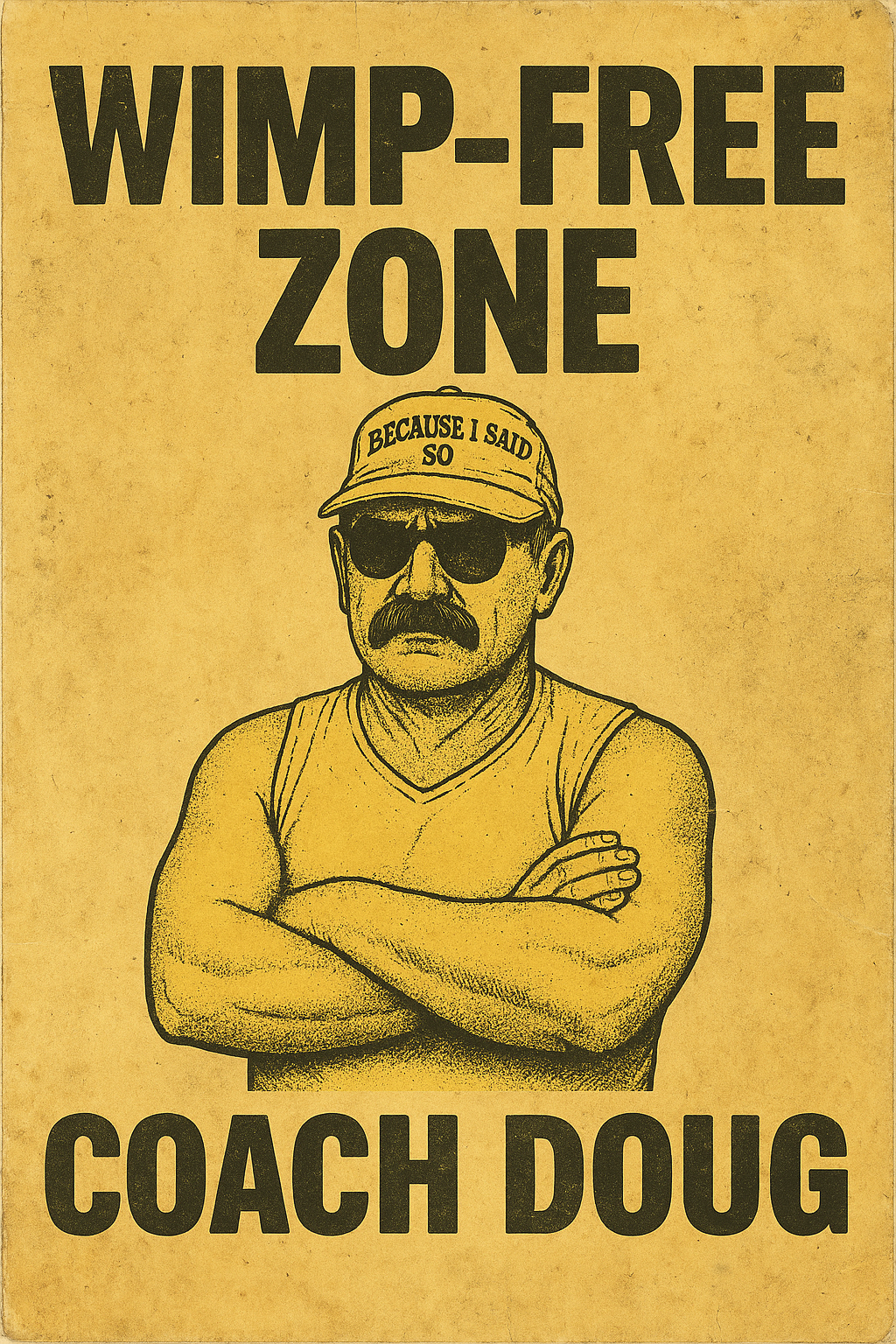 Vintage sign reading 'WIMP-FREE ZONE' with a drawing of a muscular man wearing sunglasses, a cap that says 'BECAUSE I SAID SO', and a tank top, with folded arms. The text also includes 'COACH DOUG' at the bottom.