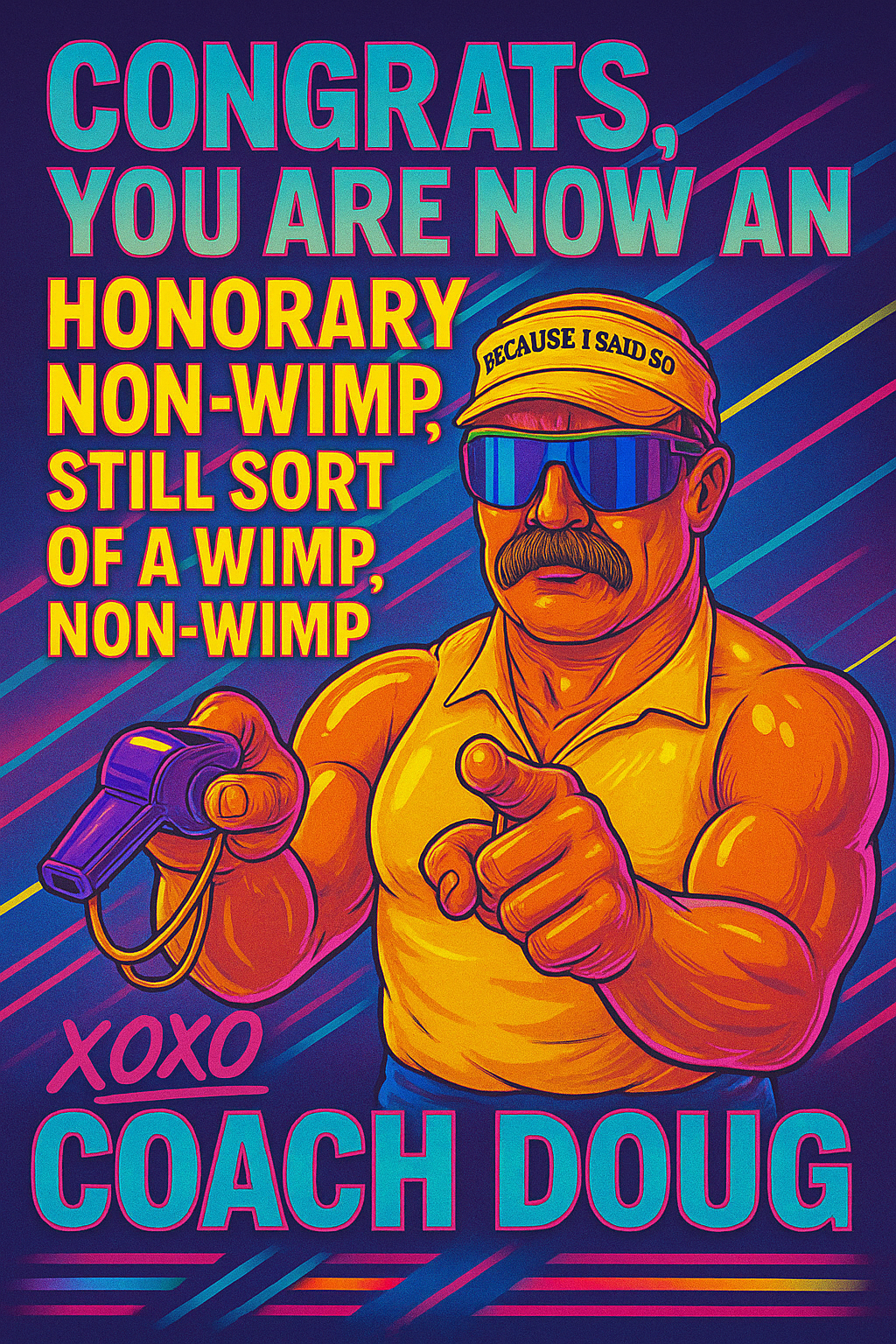 A colorful illustration of a muscular man with a mustache, wearing sunglasses and a yellow tank top, pointing towards the viewer. He has a yellow cap that reads 'BECAUSE I SAID SO.' The background has vibrant diagonal stripes. The text says, 'CONGRAT