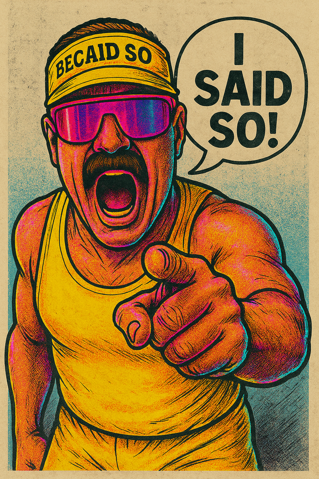 A cartoon man wearing sunglasses and a yellow cap with the words "BECAID SO" pointing directly at the viewer. He is shouting and has a speech bubble that reads "I SAID SO!". The man is wearing a yellow sleeveless shirt and is pointing outward with on