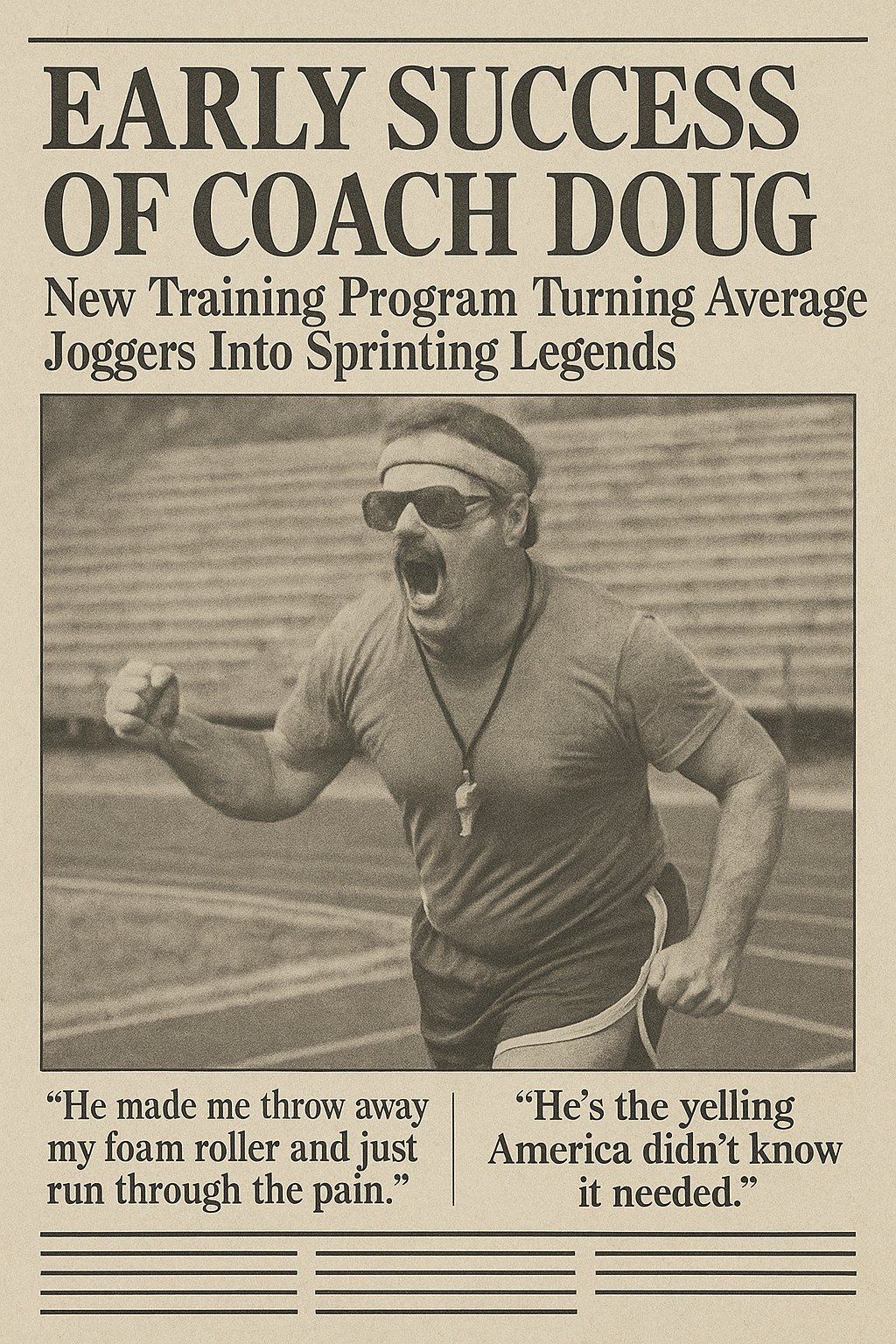 A man wearing sunglasses, a headband, a whistle, and athletic clothing, running on a track with a clenched fist, shouting passionately, in a stylized newspaper layout.