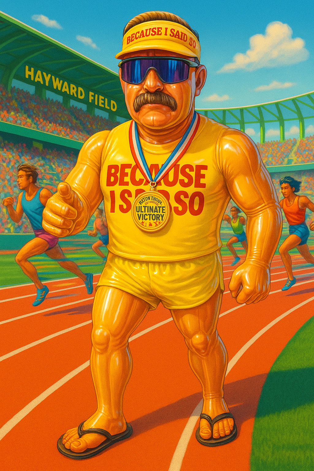 Colorful artwork of a muscular man in yellow athletic clothing, wearing sunglasses, a medals, and a yellow headband that reads 'Because I Said So', standing on a running track with female athletes running behind him at Hayward Field.