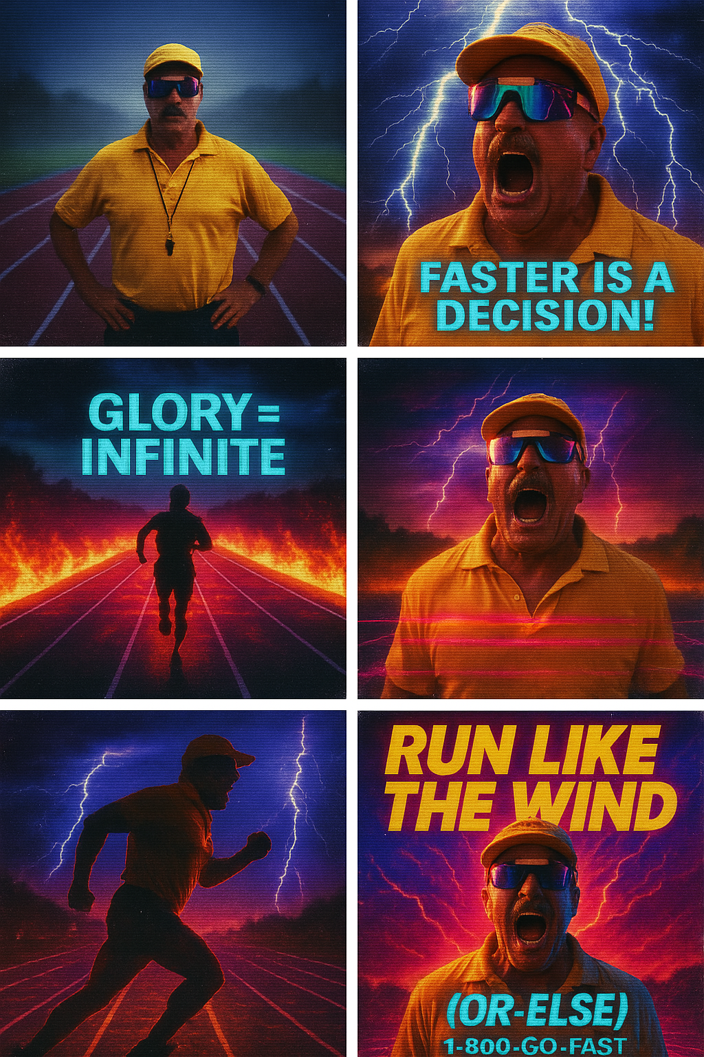 A six-panel collage with a retro racing theme featuring a man in a yellow cap and shirt, sunglasses, and running scenes against stormy backgrounds with lightning. The panels include phrases: 'Faster is a decision!', 'Glory = Infinite', 'Run like the 
