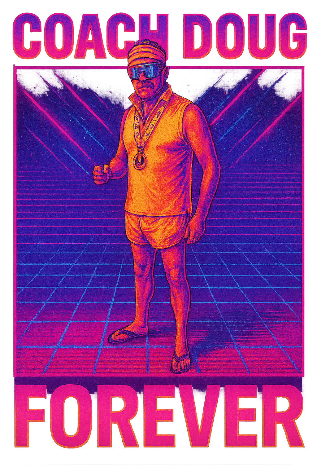 A digitally styled illustration of a man wearing sunglasses, a swim cap, a sleeveless shirt, shorts, and flip-flops, standing on a grid floor with a neon glow, holding a medal around his neck, with the words 'COACH DUG' at the top and 'FOREVER' at th