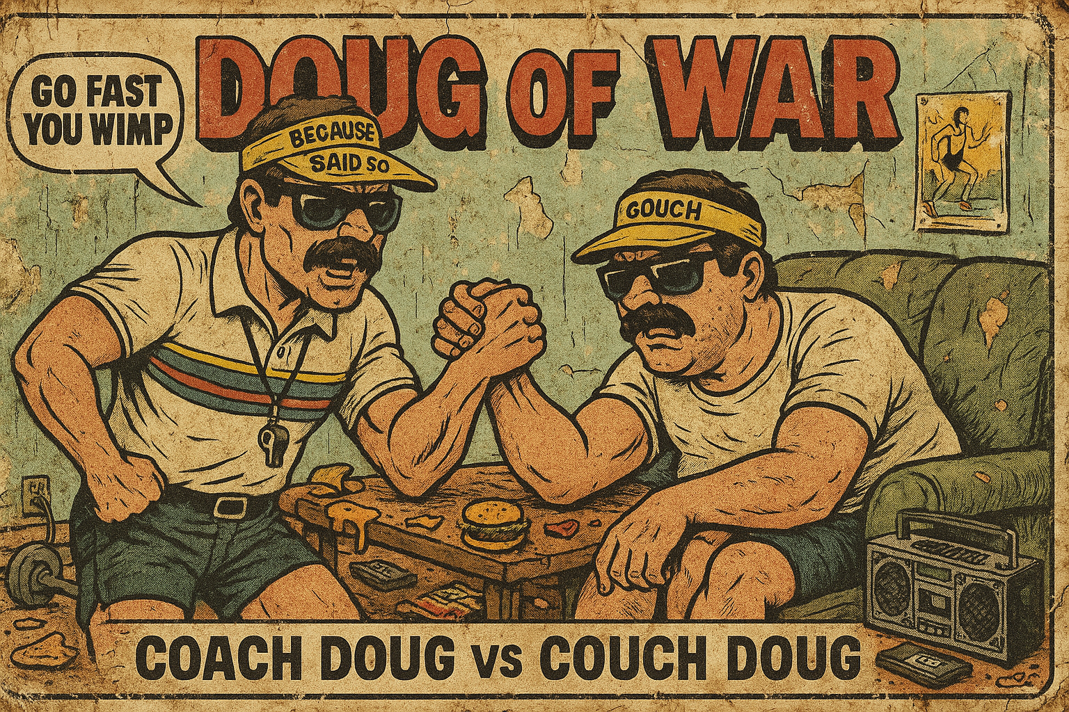 Vintage-style cartoon poster showing two muscular men arm wrestling, one labeled "Coach Doug" and the other "Gouch", both wearing sunglasses and yellow headbands. The setting appears cluttered and worn, with a small table, a boombox, and a poster of 