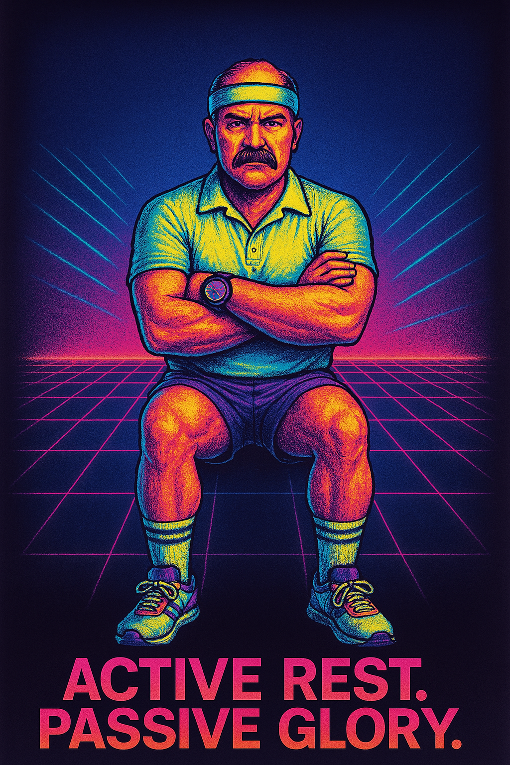 A neon-colored illustration of a man in athletic attire sitting with arms crossed, wearing a headband, watch, and sneakers, with the words "Active Rest. Passive Glory." at the bottom.