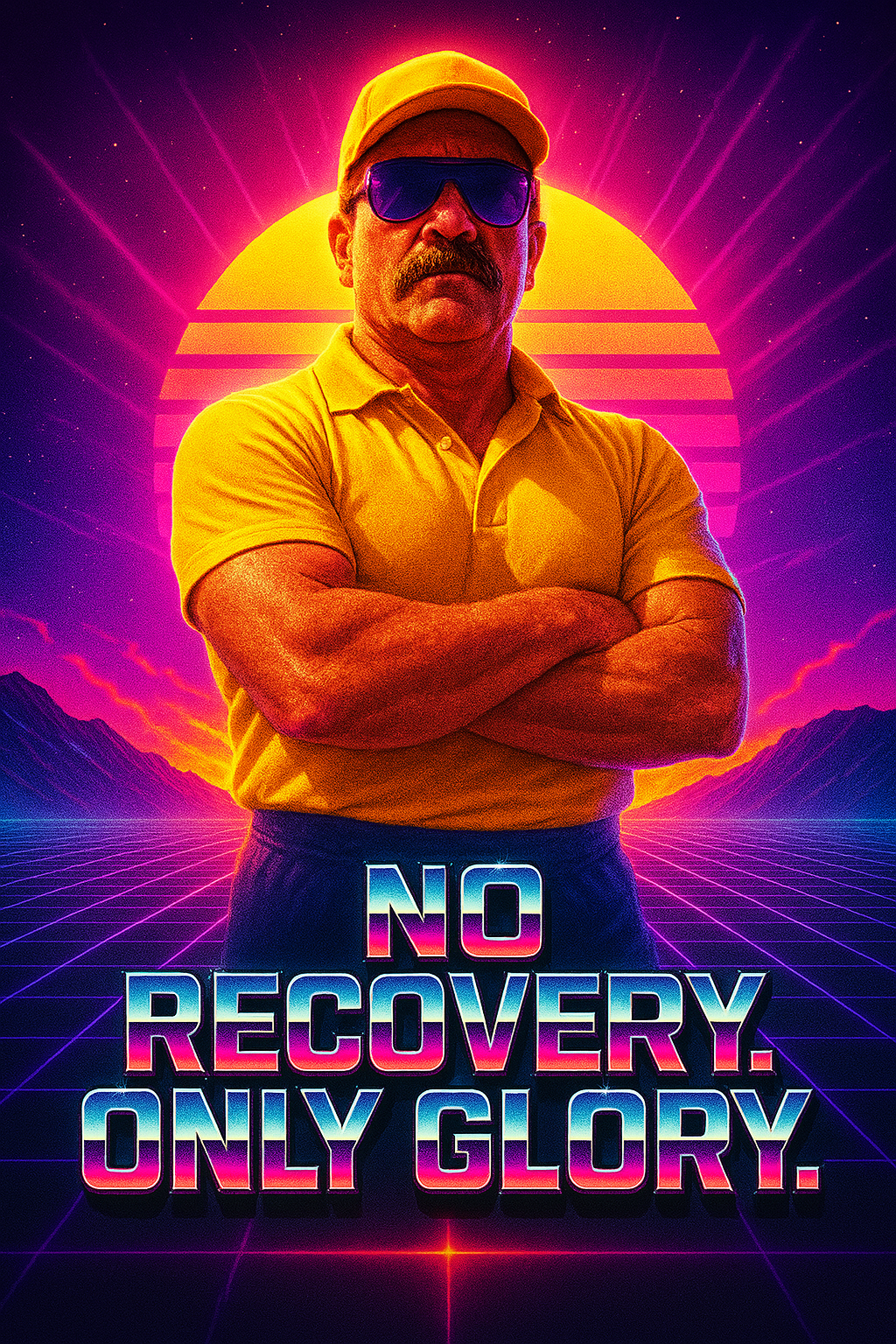 A man with a mustache wearing sunglasses, a yellow cap, and a yellow polo shirt with arms crossed, standing against a neon-colored, retro-futuristic background featuring a sunset, mountains, and grid lines. The text 