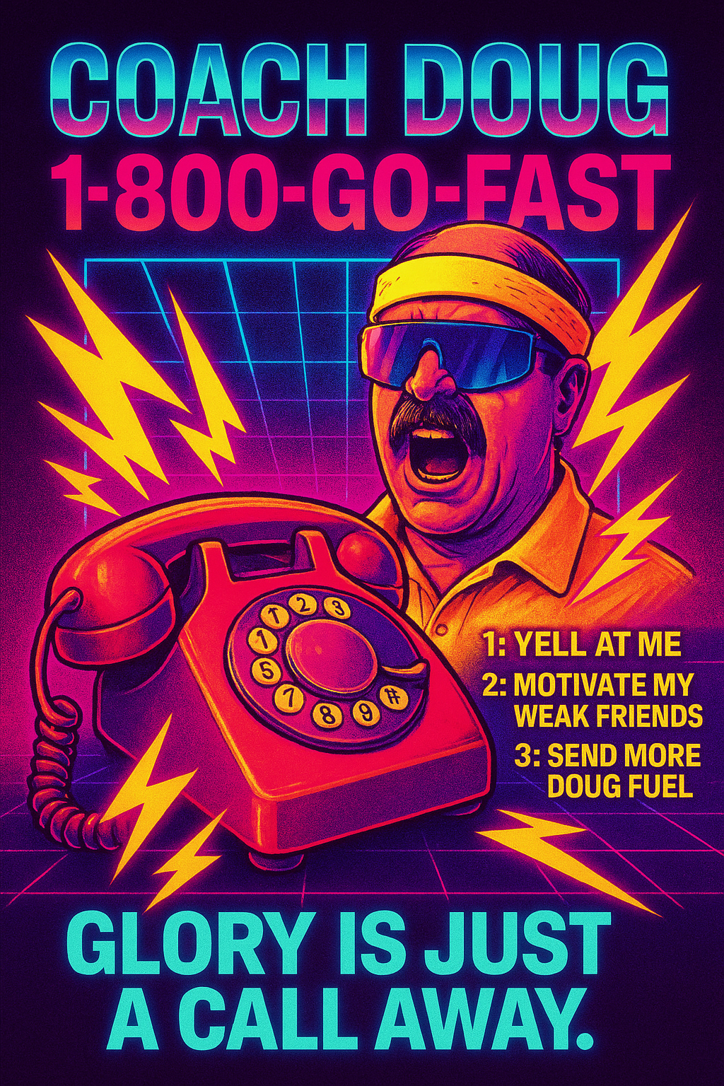 A neon-style illustration featuring a man with a mustache, sunglasses, and a headband shouting into a vintage rotary phone. Lightning bolts surround him. The text reads "Coach Doug 1-800-GO-FAST" at the top and "Glory is just a call away" at the bott
