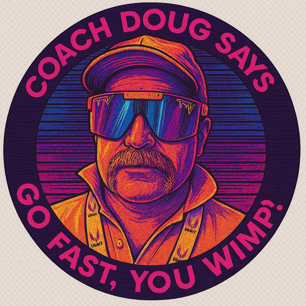 Stylized illustrated badge of a man with sunglasses, a cap, and a mustache, with the text "Coach Doug Says Go Fast, You Wimpy!" around the border.