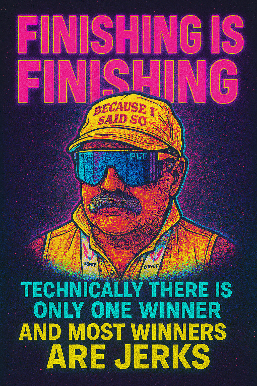A colorful, graphic illustration of a man wearing sunglasses, a yellow cap with the text 'Because I Said So', and a yellow vest with USATF logos. The background features neon pink text at the top that says 'Finishing is Finishing' and bold teal and y