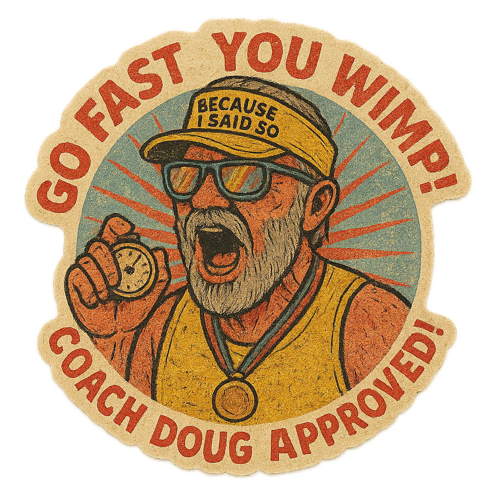 A cartoon sticker of a man with a gray beard and sunglasses, holding a stopwatch, wearing a yellow tank top and cap that says "Because I Said So," with text around him that says "Go Fast You Win! Coach Doug Approved!"
