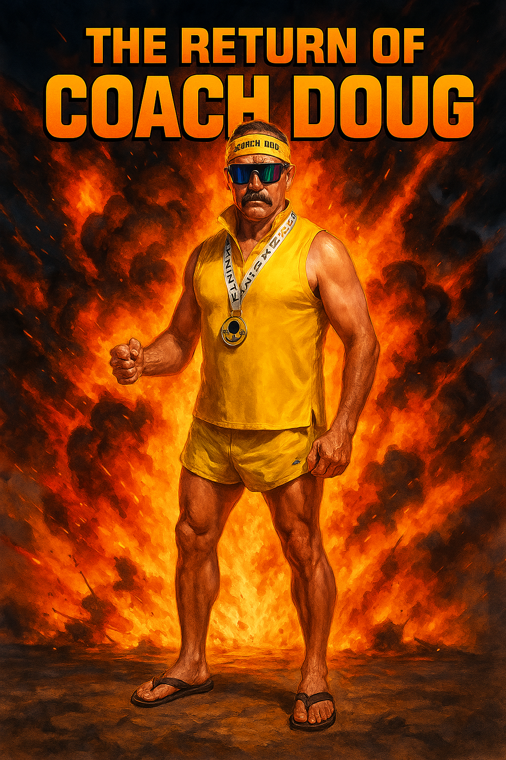 A muscular man dressed in yellow athletic wear, wearing sunglasses and a headband that reads 'Coach Doug,' with a gold medal around his neck. He's standing in front of a fiery explosion background, with the text 'The Return of Coach Doug' at the top.