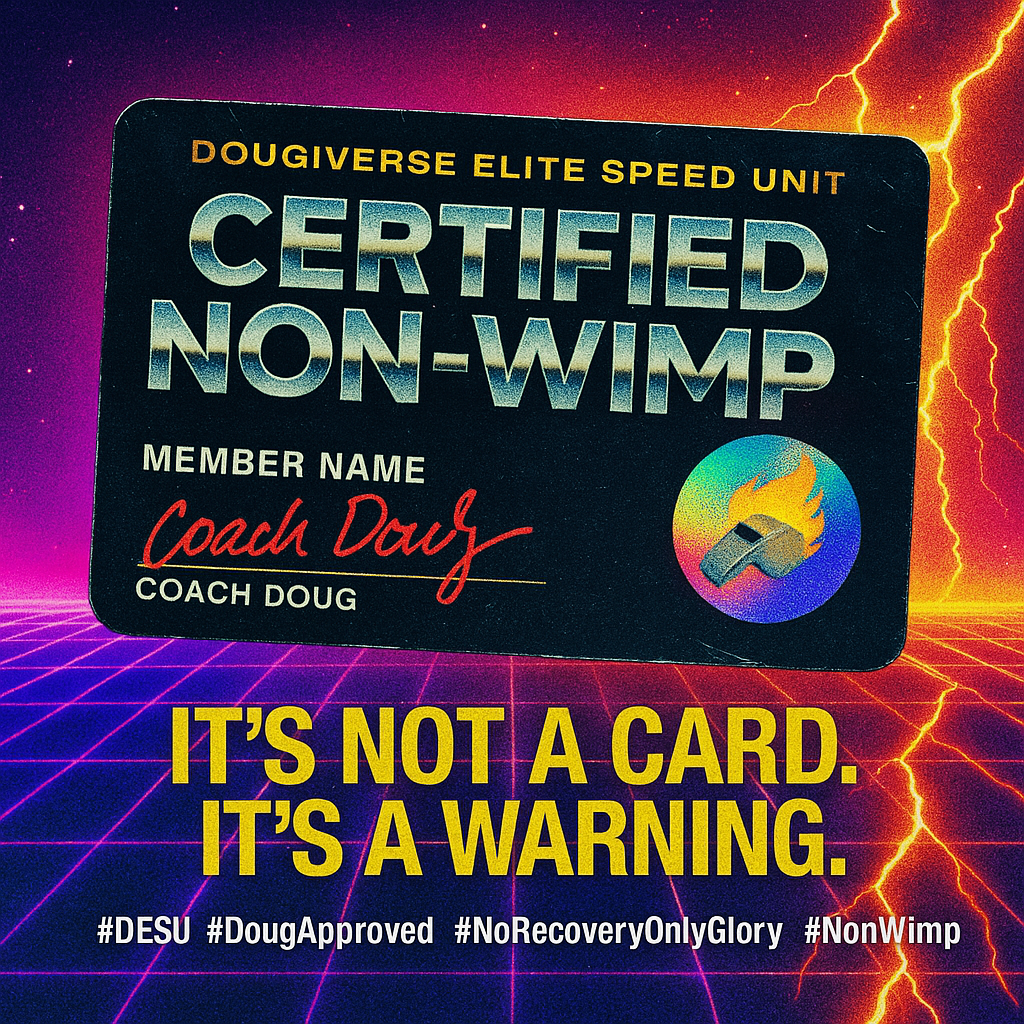 A mock certification card for 'Certified Non-WIMP' with the name 'Coach Doug,' set against a retro neon grid background with lightning and a message reading 'It's not a card. It's a warning,' and hashtags #DESU, #DougApproved, #NoRecoveryOnlyGlory, #