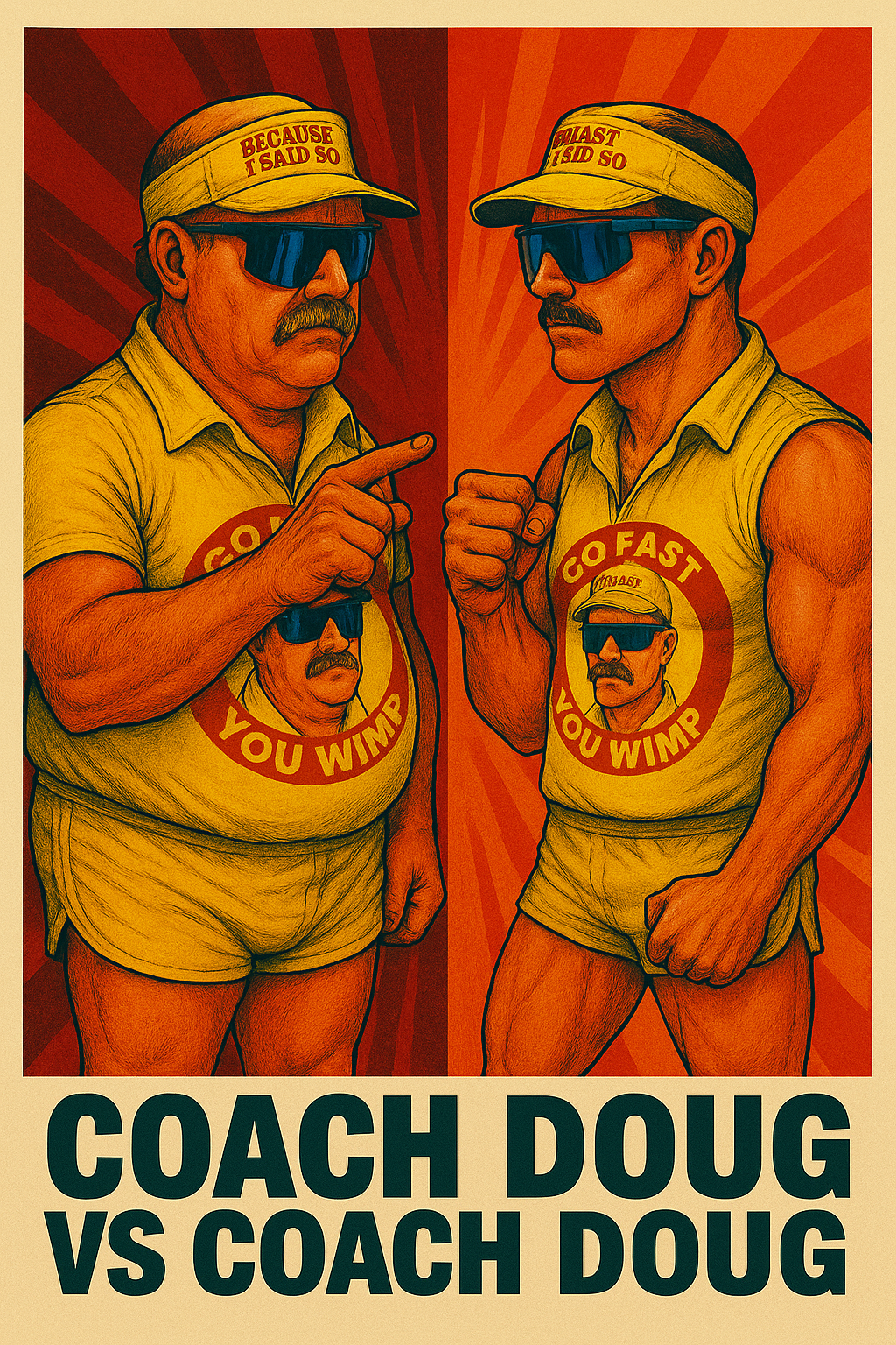 Two muscular men wearing yellow tank tops with a circular logo that says 'Go Fast, You Wimp' and humorous visors that read 'Because I Said So' and 'Totally I Said So.' They face each other in a confrontational pose, gesturing with clenched fists. The